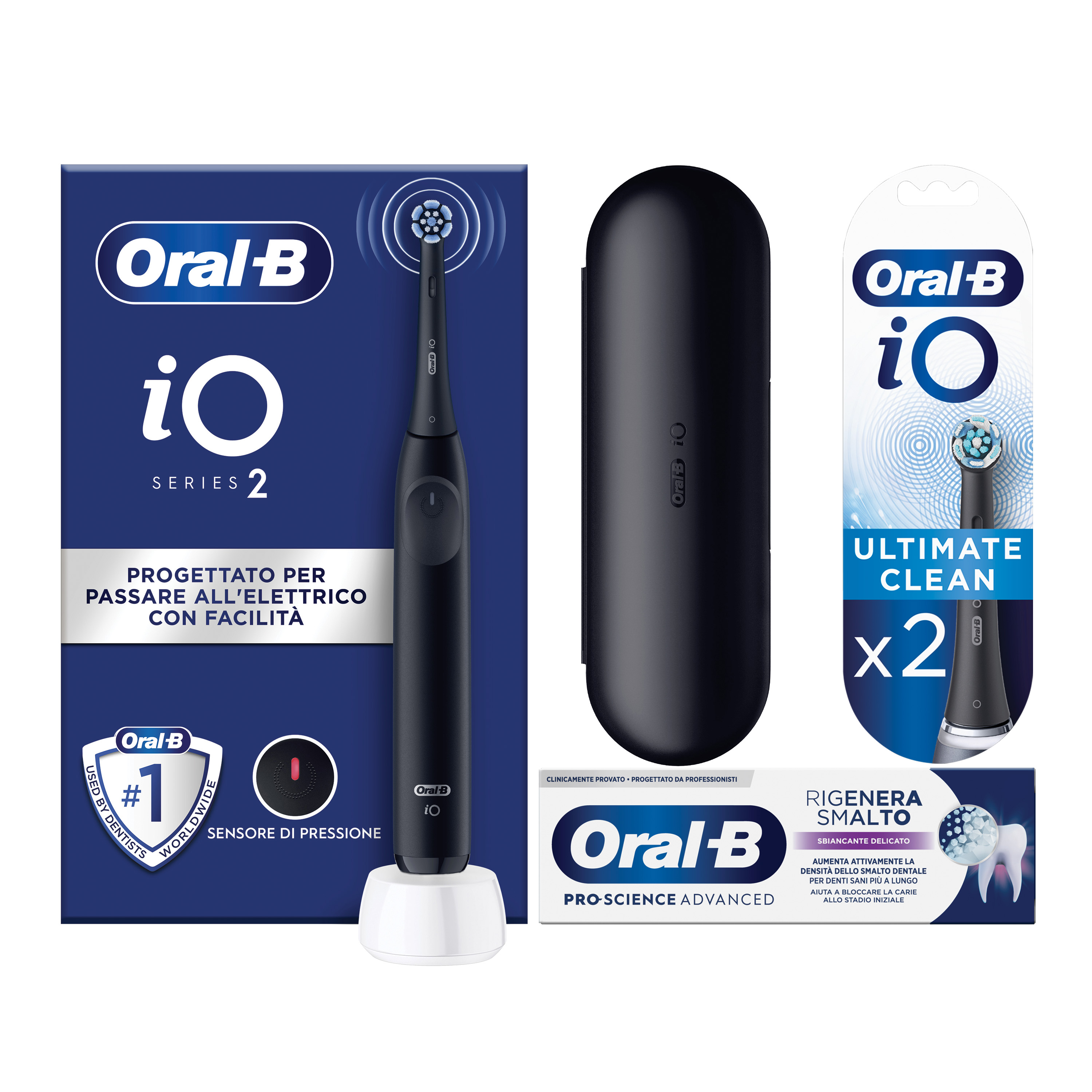 Oral-B iO 2 Spazzolino Elettrico Nero,1 Testina Di Ricambio, 1 Custodia Da Viaggio + Oral-B Dentifricio Pro-Science Advanced Rigenera Smalto + Oral-B 