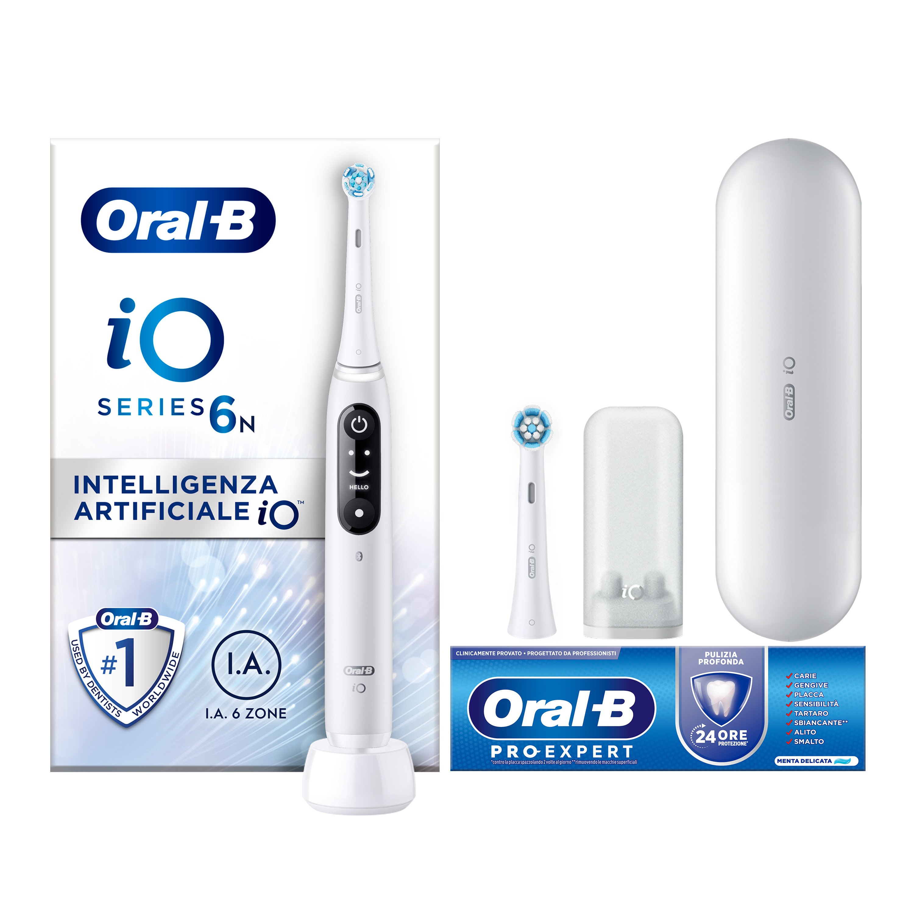 Oral-B Spazzolino Elettrico iO 6 Bianco, 2 Testine, 1 Custodia Da Viaggio + Oral-B Dentifricio Pro-Expert Pulizia Profonda