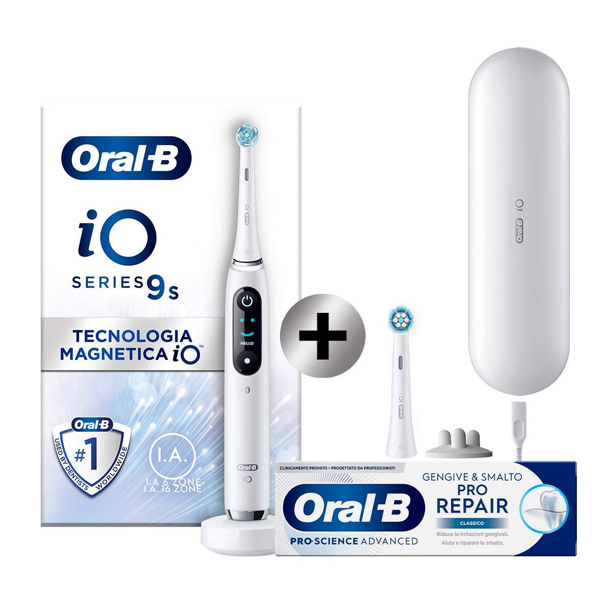 Oral-B Spazzolino Elettrico iO 9S Bianco, 2 Testine, 1 Custodia Da Viaggio + Oral-B Dentifricio Pro-Science Advanced Pro-Repair Gengive & Smalto Classico