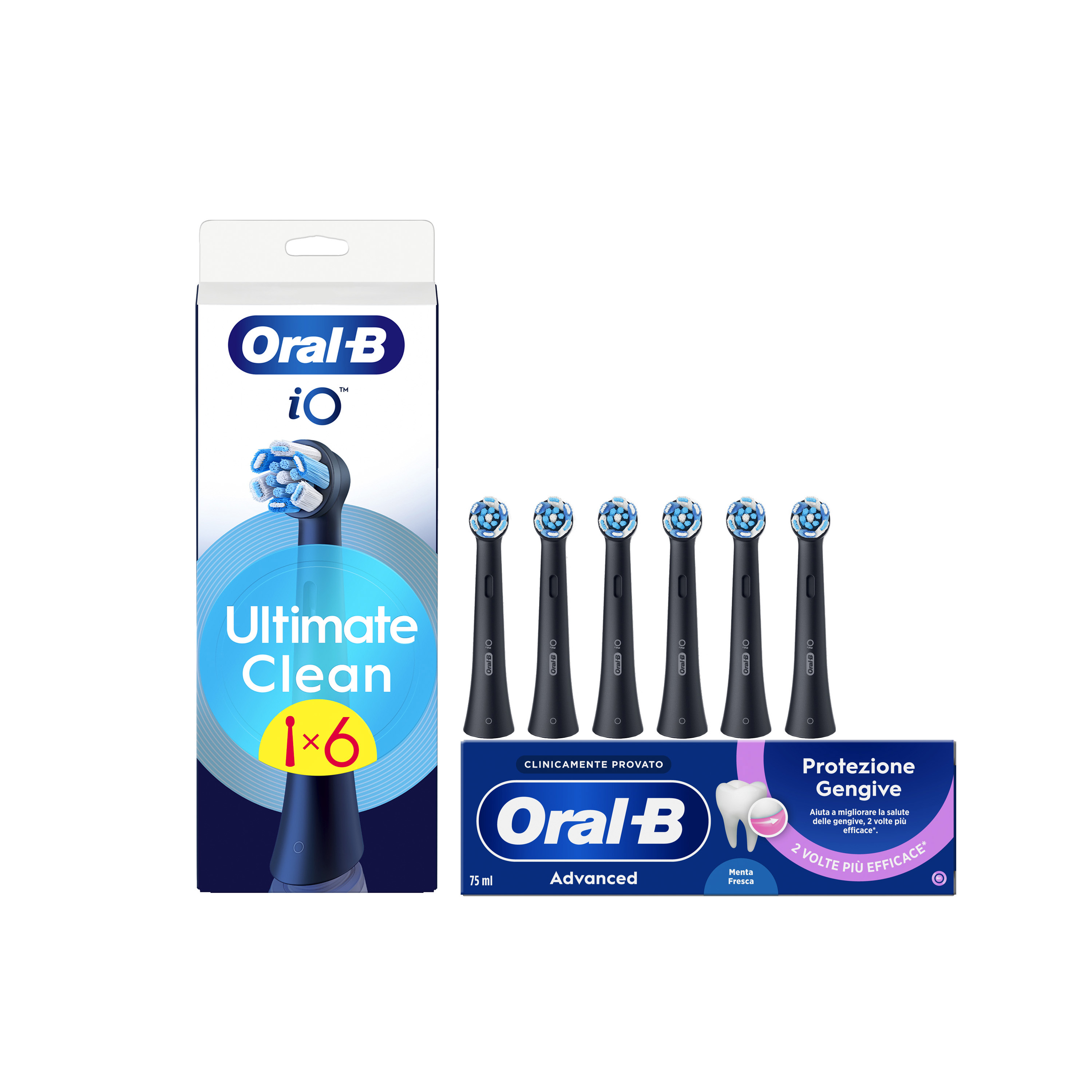 Oral-B Testine di Ricambio iO Ultimate Clean Nere, Confezione da 6 Testine + Dentifricio Advanced Protezione Gengive