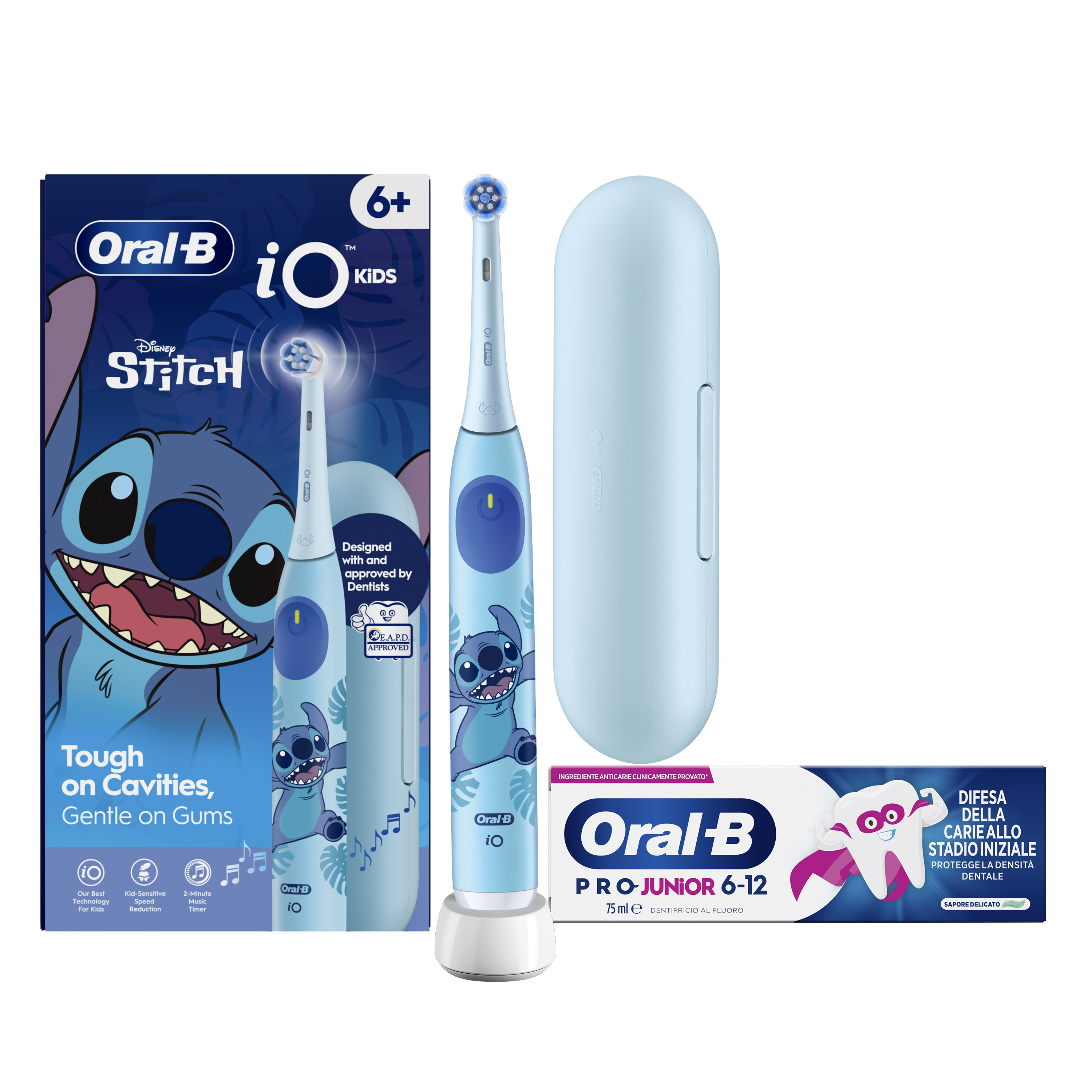 Oral-B Spazzolino Elettrico iO Kids Stitch Disney, 1 Testina, 1 Custodia Da Viaggio + Dentifricio Oral-B Pro Junior (6-12 anni)