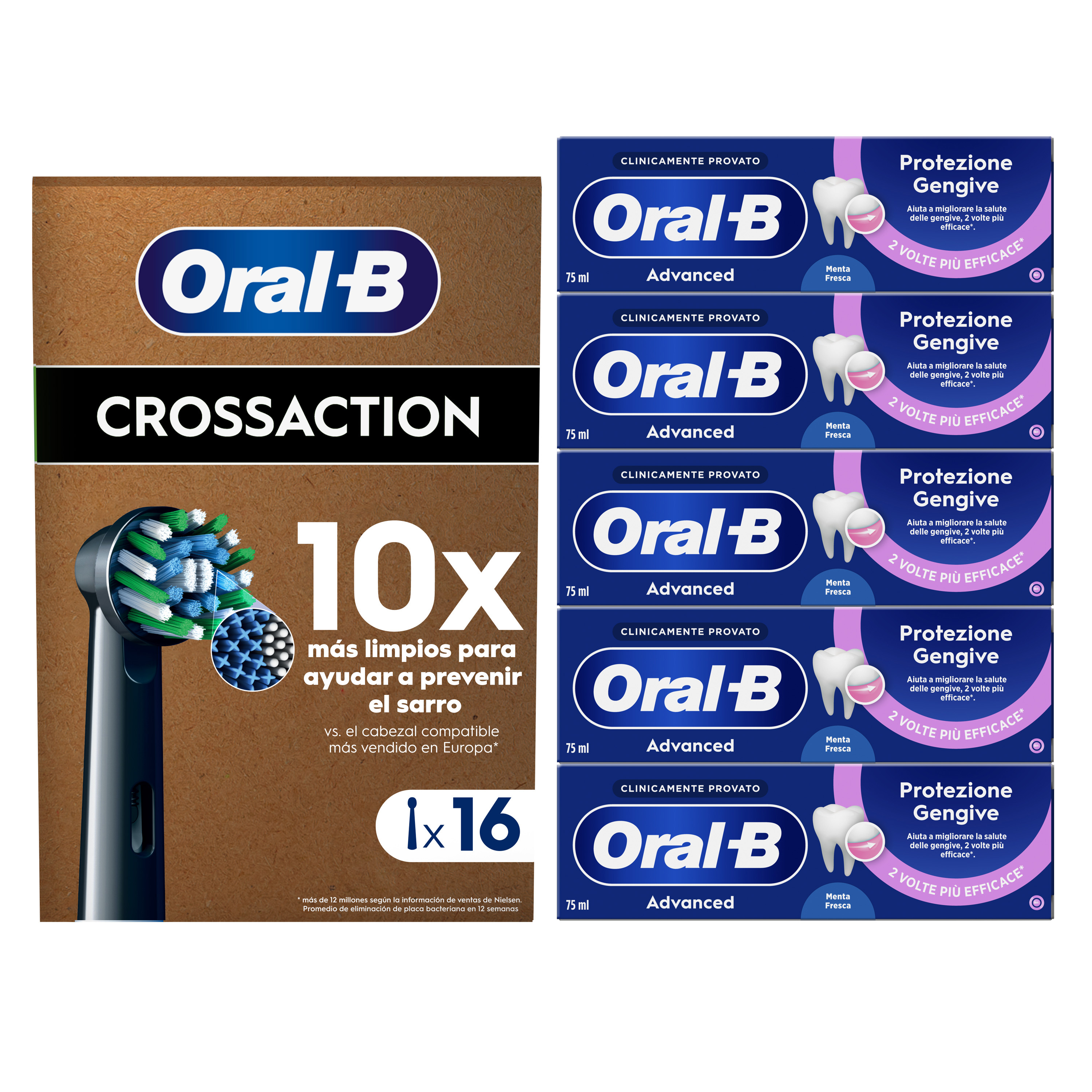 Oral-B 16 Testine Di Ricambio Cross Action Nere + 5 Dentifrici Advanced Protezione Gengive