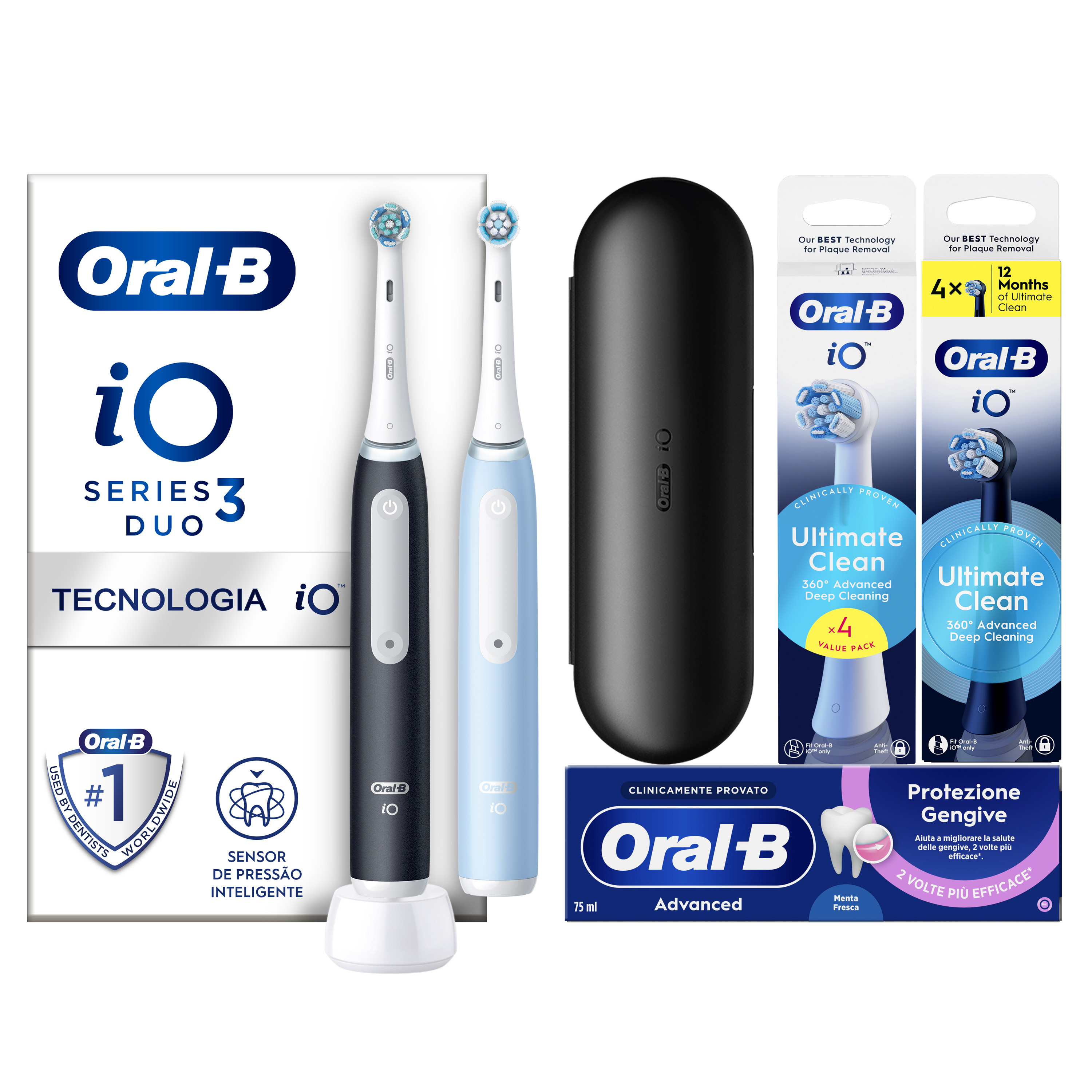 Oral-B Nero/Azzurro/Nere Io 3 Duo E 2 Testine, 1 Custodia Da Viaggio + 6 Testine Di Ricambio Io Ultimate Clean E Bianche + Dentifricio Advanced Prevenzione Tartaro - Immagine 24