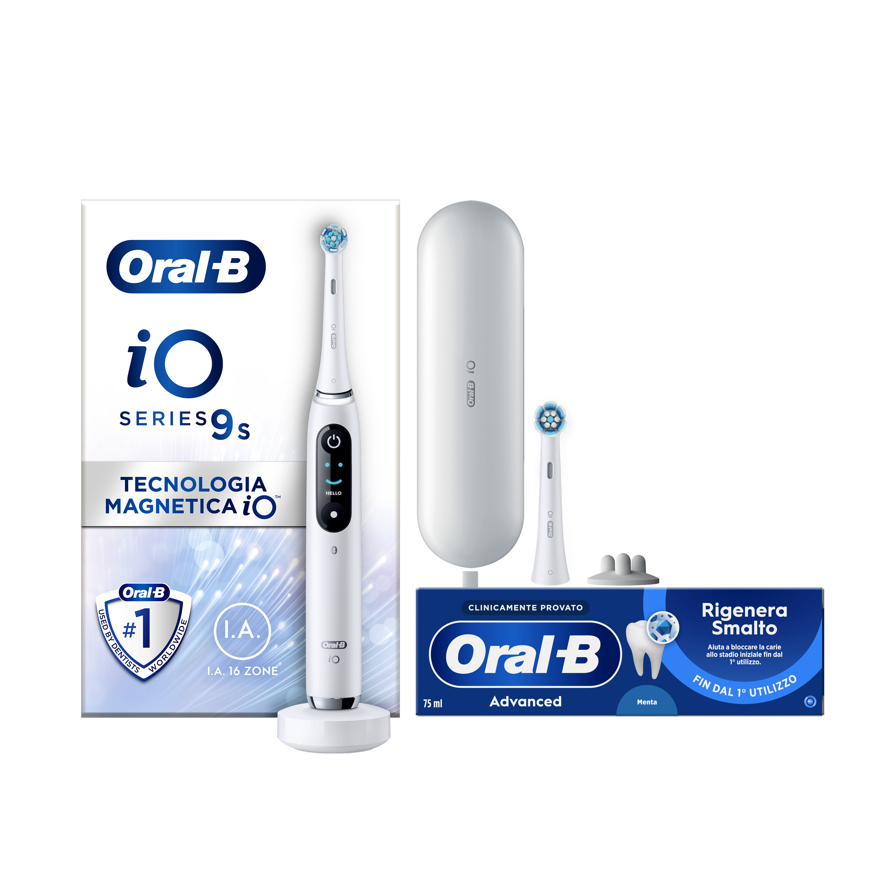Oral-B Spazzolino Elettrico iO 9 Bianco, 2 Testine, 1 Custodia Da Viaggio + Dentifricio Advanced Rigenera Smalto