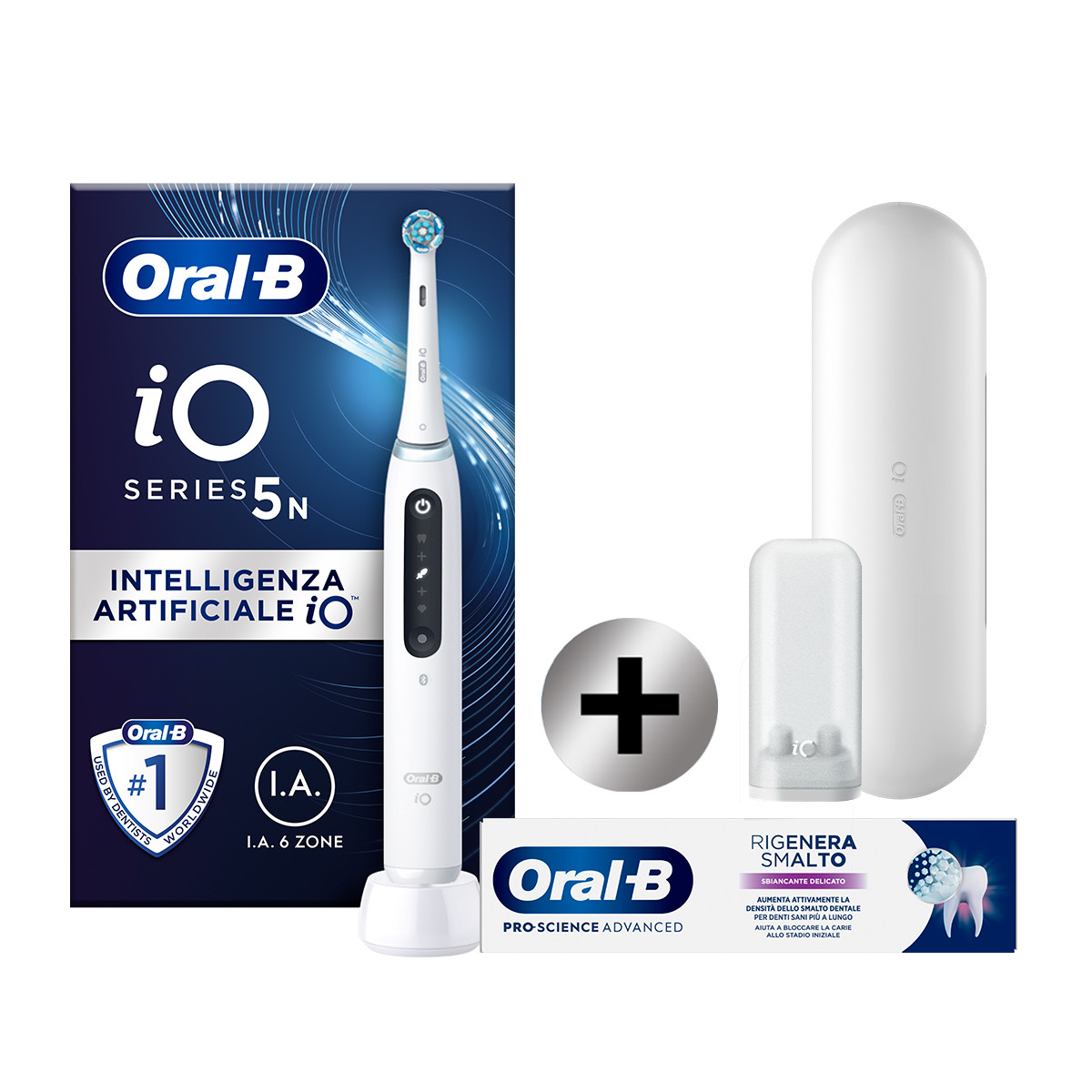 Oral-B Spazzolino Elettrico iO 5N Bianco, 1 Testina, 1 Custodia Da Viaggio + Oral-B Dentifricio Pro-Science Advanced Rigenera Smalto Sbiancante Delica