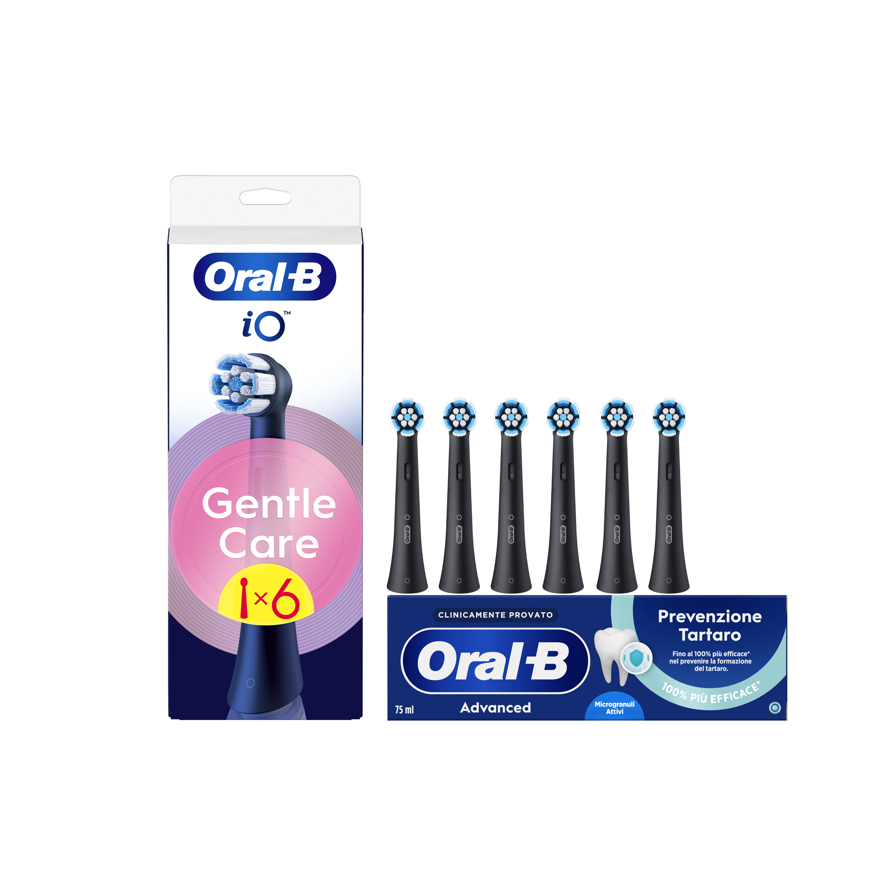 Oral-B Testine di Ricambio iO Gentle Care Nere, Confezione da 6 Testine + Dentifricio Advanced Prevenzione Tartaro