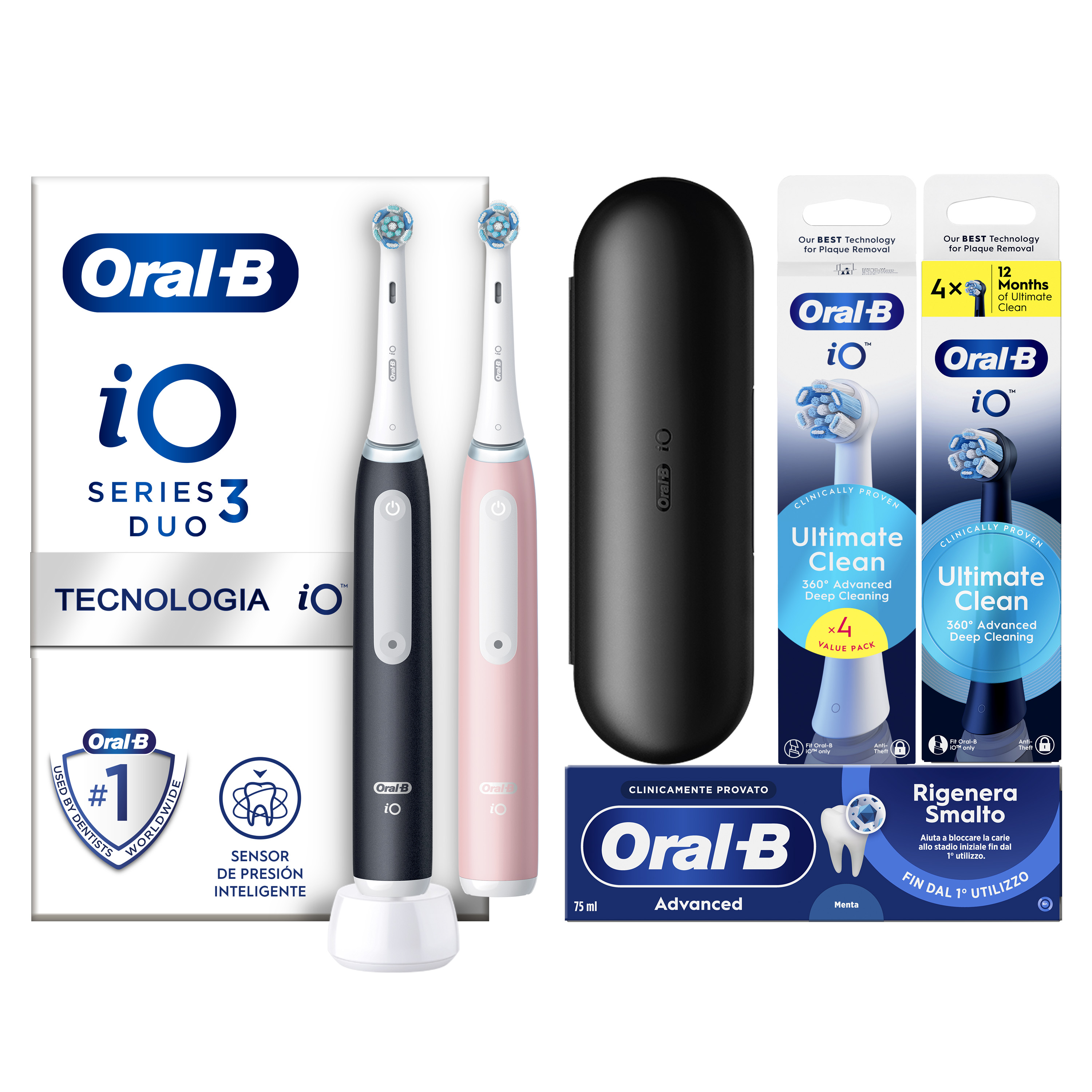 Oral-B iO 3 Duo Nero e Rosa, 2 Testine, 1 Custodia Da Viaggio + 8 Testine di Ricambio iO Ultimate Clean Nere e Bianche + Dentifricio Advanced Rigenera