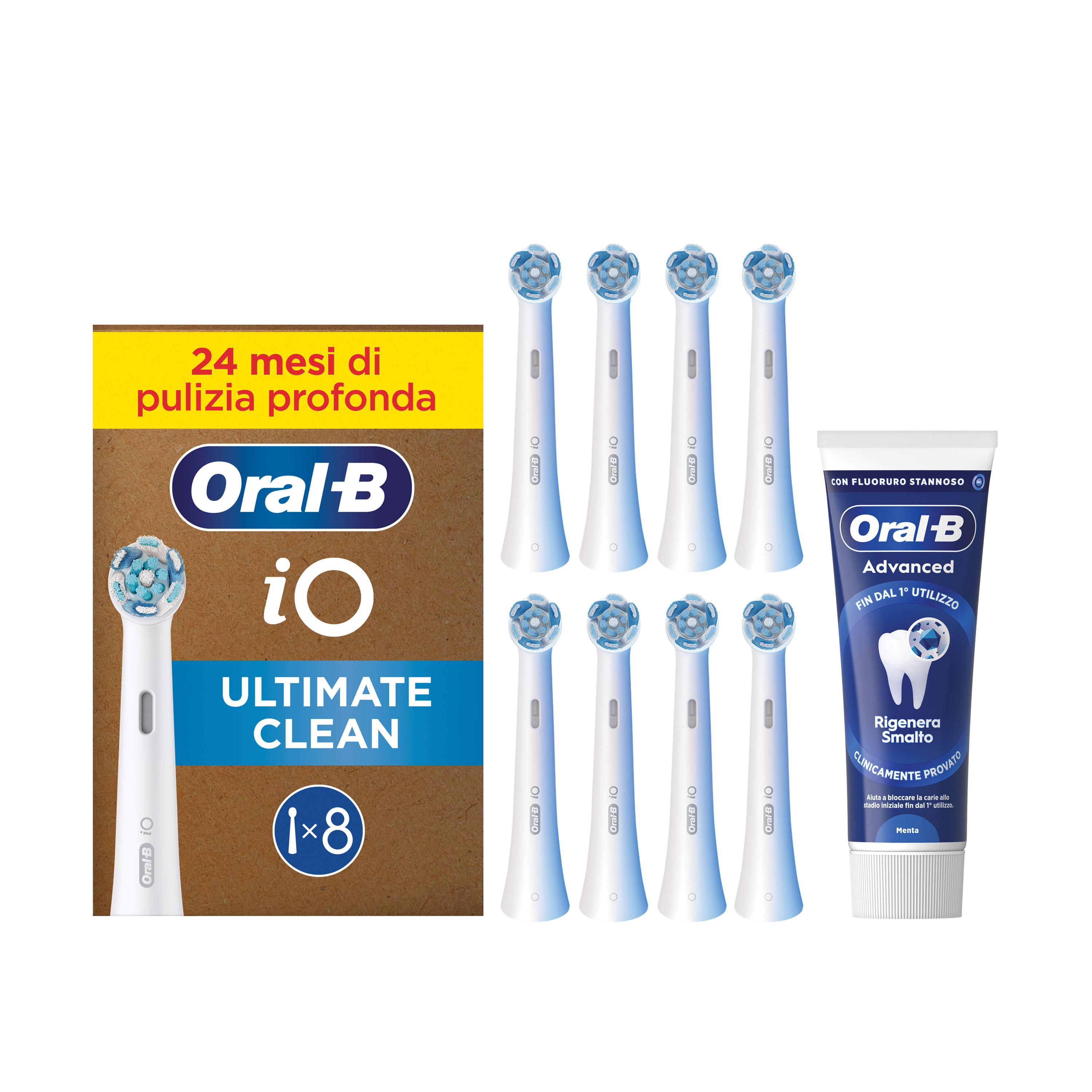 Oral-B Testine di Ricambio iO Ultimate Clean Bianche, Confezione da 8 Testine + Dentifricio Advanced Rigenera Smalto
