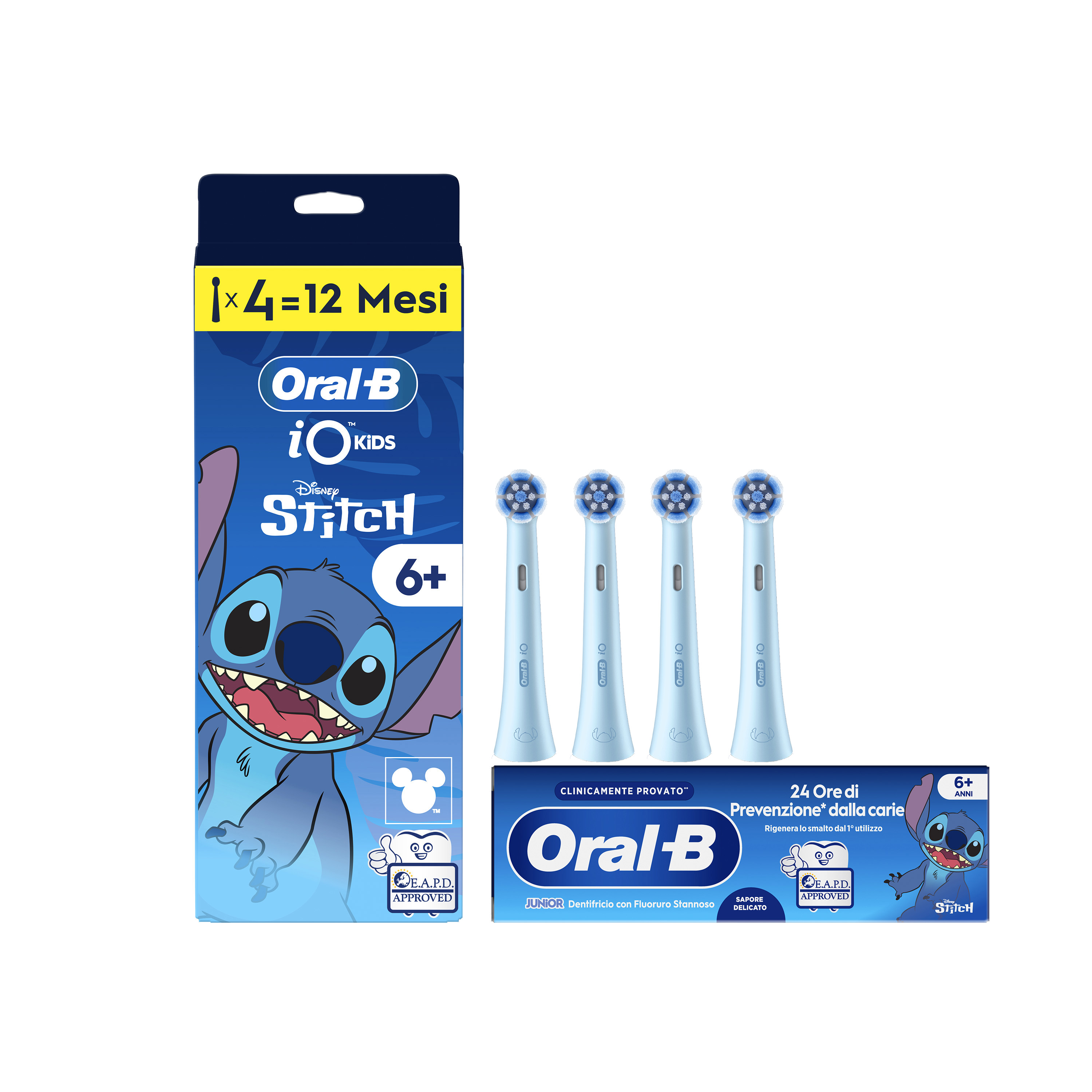 Oral-B Testine Di Ricambio iO Kids Stitch Disney, confezione da 4 Testine + Dentifricio Oral-B Stitch (6-12 anni)