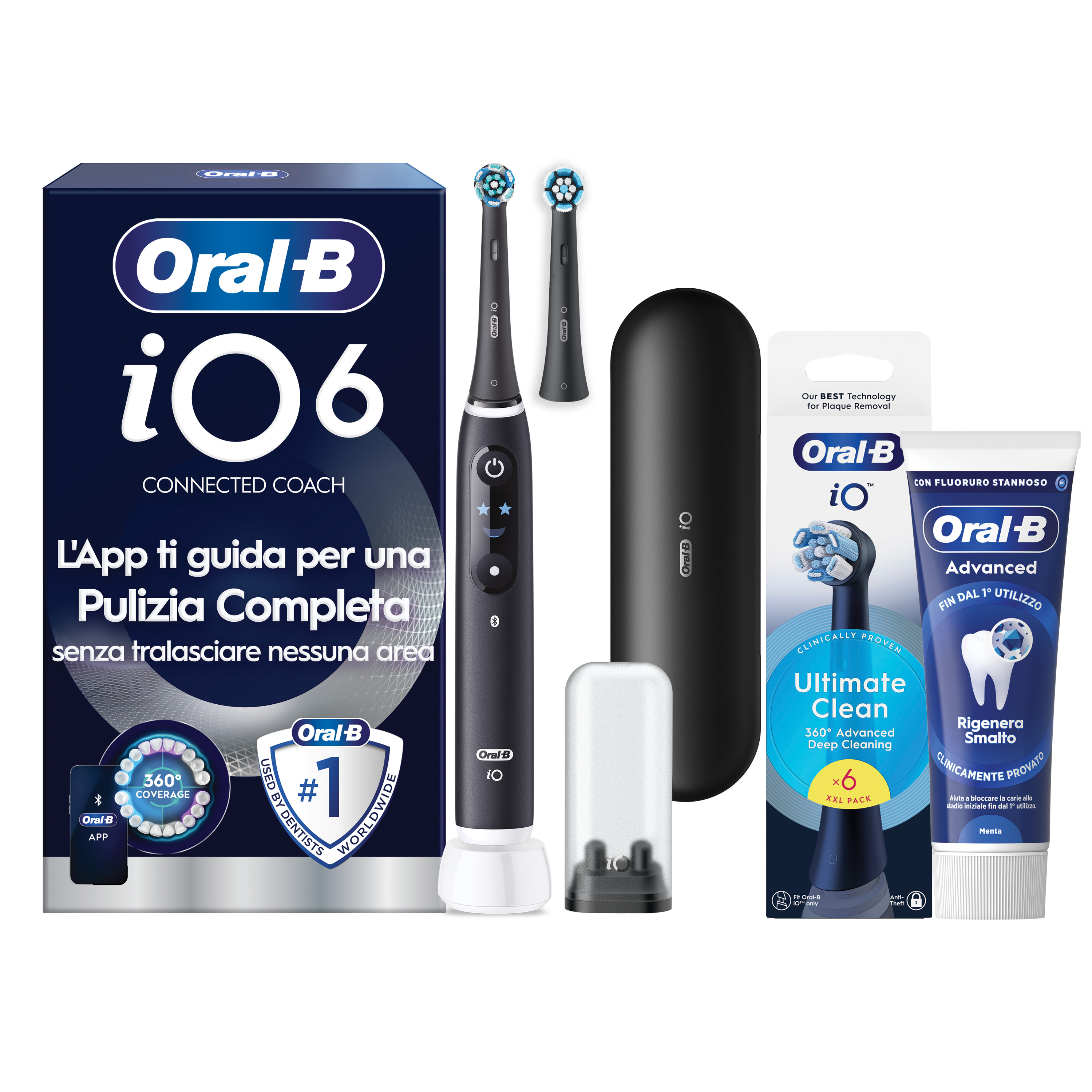 Oral-B iO 6 Spazzolino Elettrico Nero con 8 Testine Ultimate Clean Custodia da Viaggio e Dentifricio Clinical Prevenzione Carie - Immagine 24