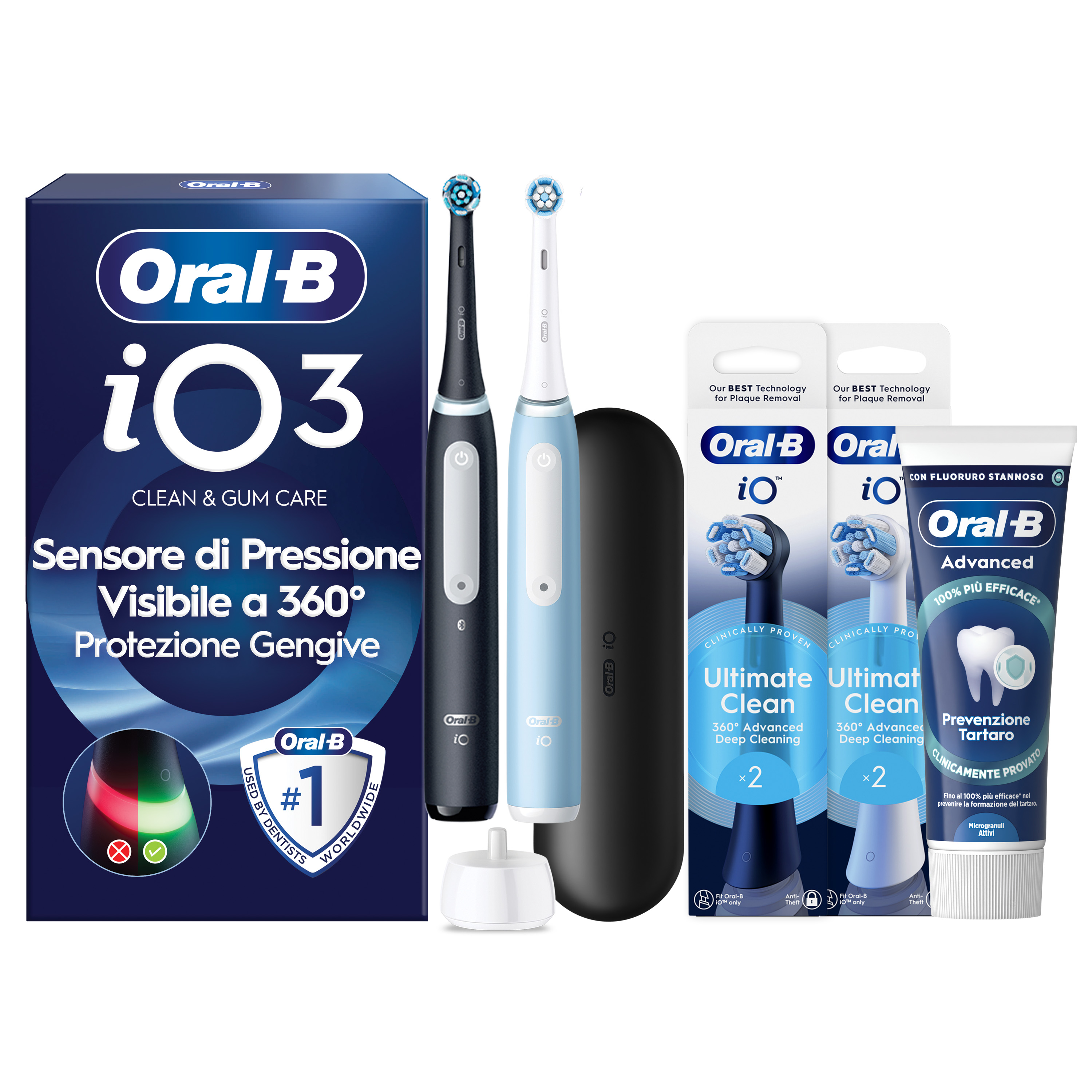 Oral-B Nero/Azzurro/Nere Io 3 Duo E 2 Testine, 1 Custodia Da Viaggio + 6 Testine Di Ricambio Io Ultimate Clean E Bianche + Dentifricio Advanced Prevenzione Tartaro - Immagine 17