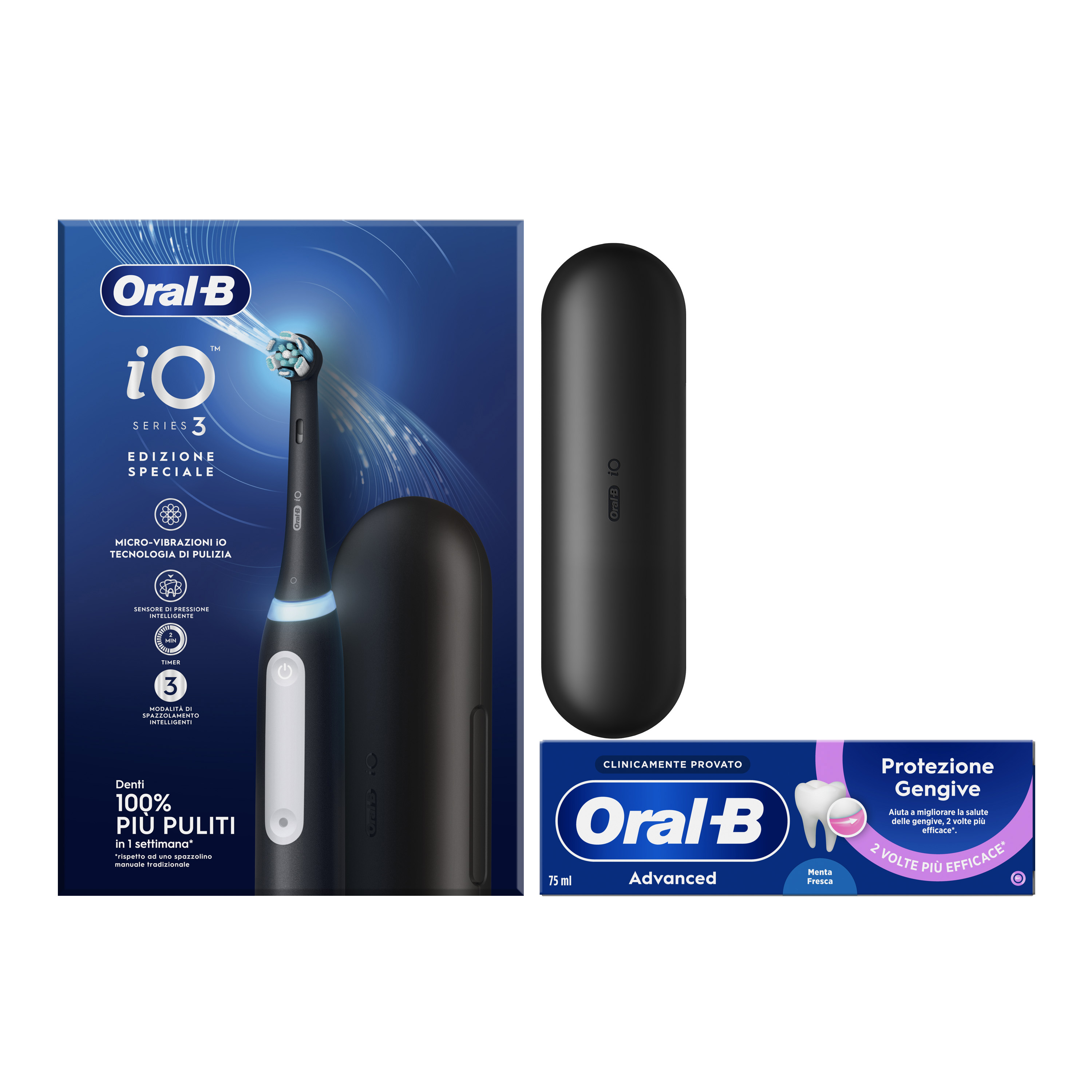 Oral-B Spazzolino Elettrico iO 3 Nero, 1 Testina, 1 Custodia Da Viaggio + Dentifricio Advanced Protezione Gengive