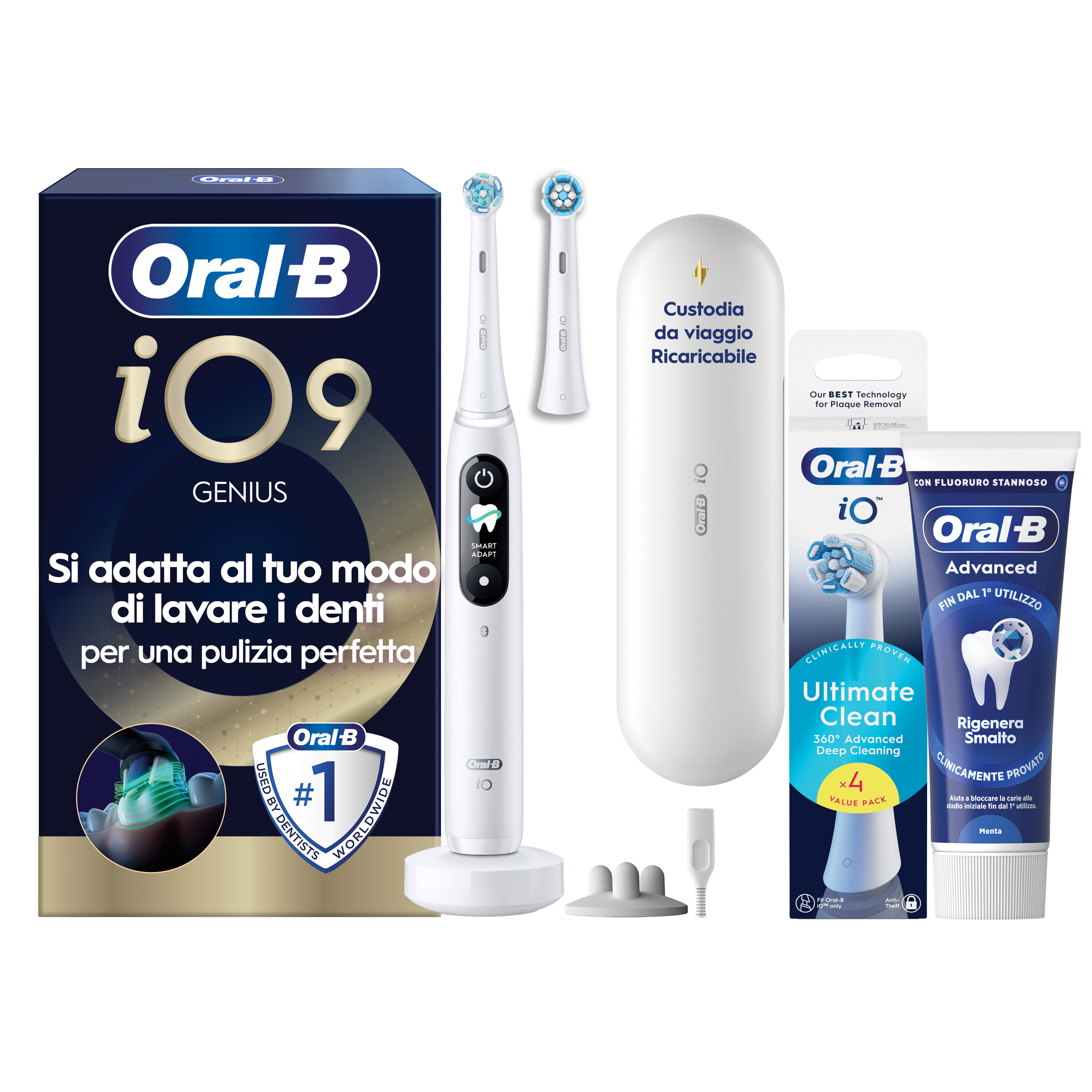 Oral-B Bianco/Bianche Io 9 2 Testine, 1 Custodia Da Viaggio Ricaricabile + 4 Testine Di Ricambio Io Ultimate Clean + Dentifricio Complete Protezione E Pulizia - Immagine 12