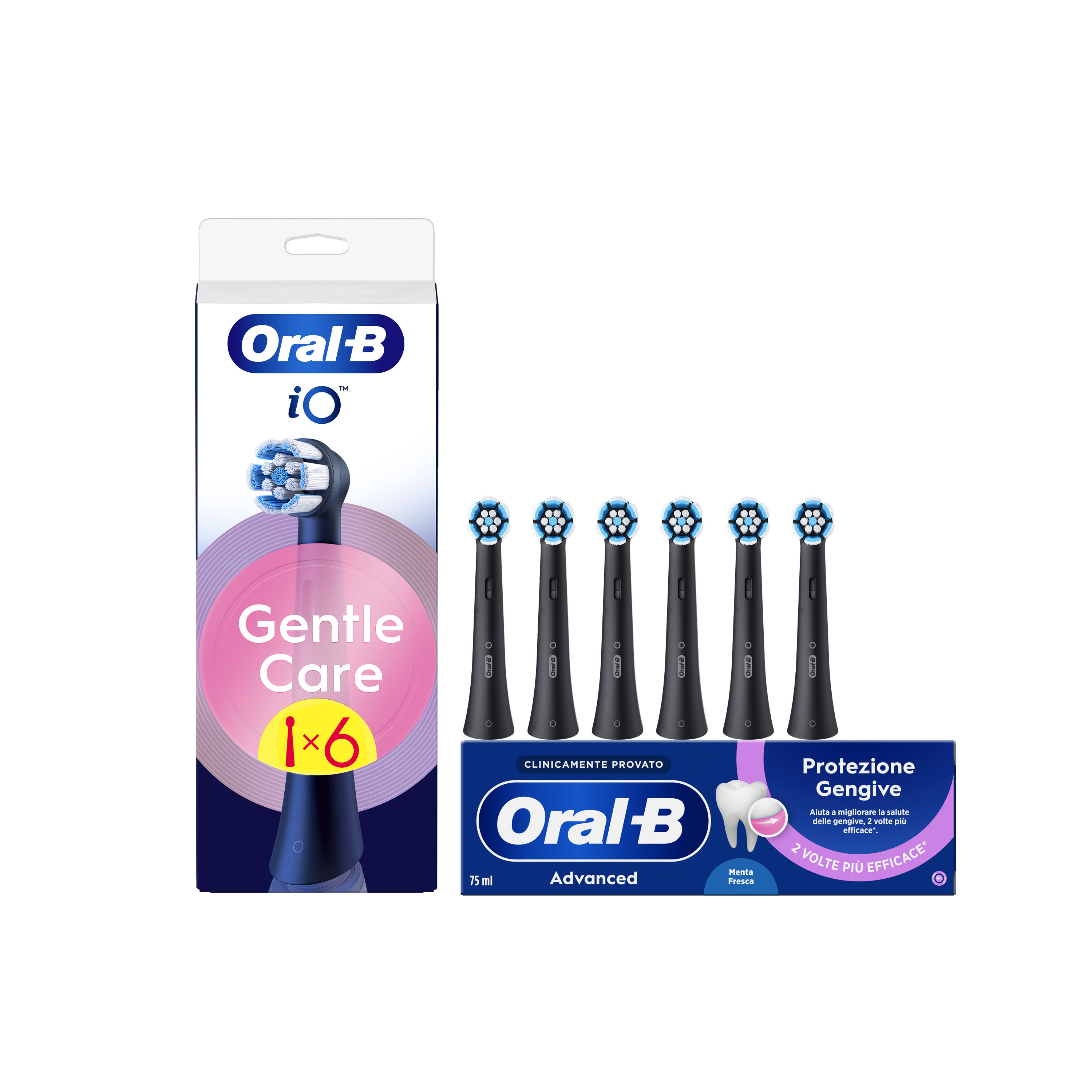 Oral-B Testine di Ricambio iO Gentle Care Nere, Confezione da 6 Testine + Dentifricio Advanced Protezione Gengive