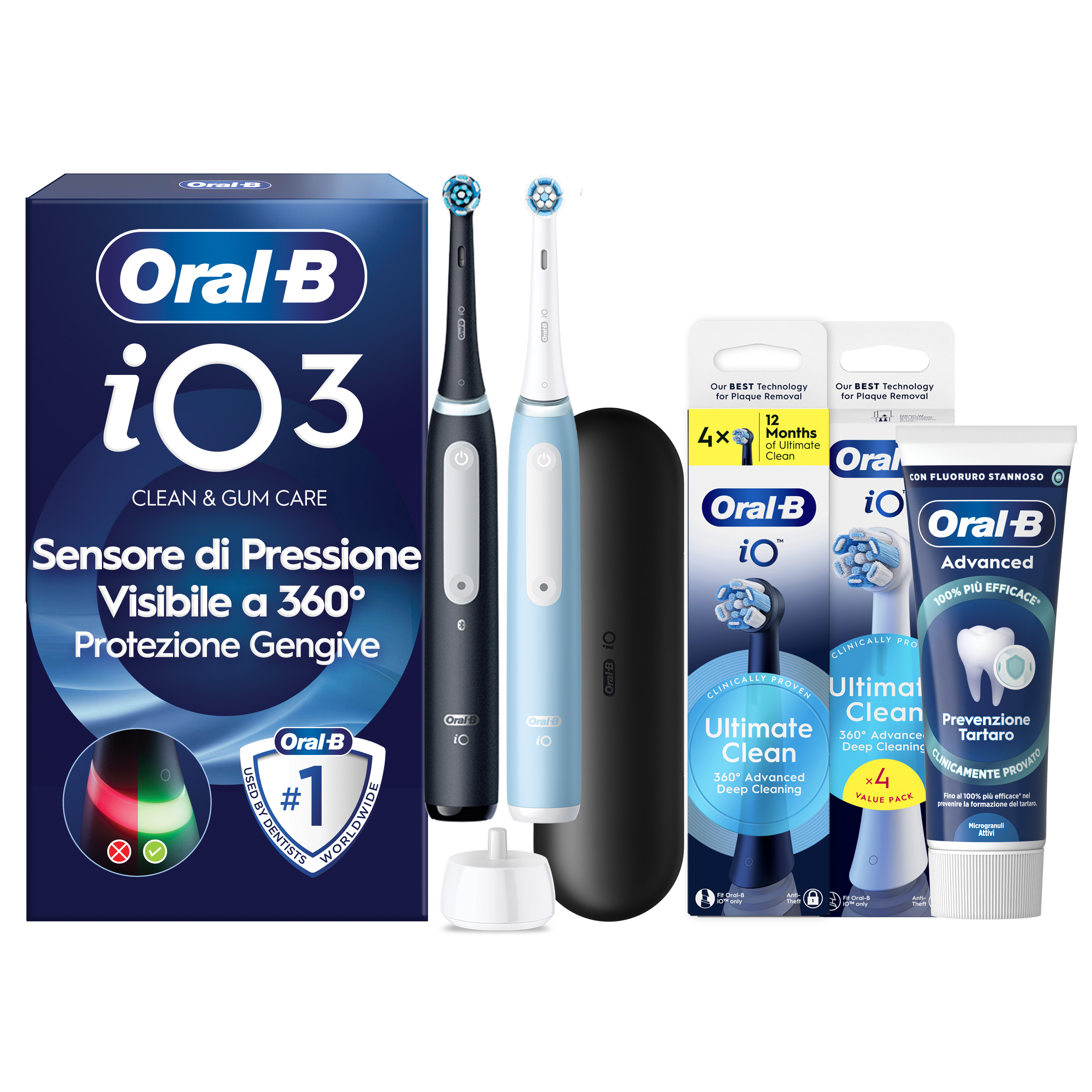 Oral-B Nero/Azzurro/Nere Io 3 Duo E 2 Testine, 1 Custodia Da Viaggio + 6 Testine Di Ricambio Io Ultimate Clean E Bianche + Dentifricio Advanced Prevenzione Tartaro - Immagine 22