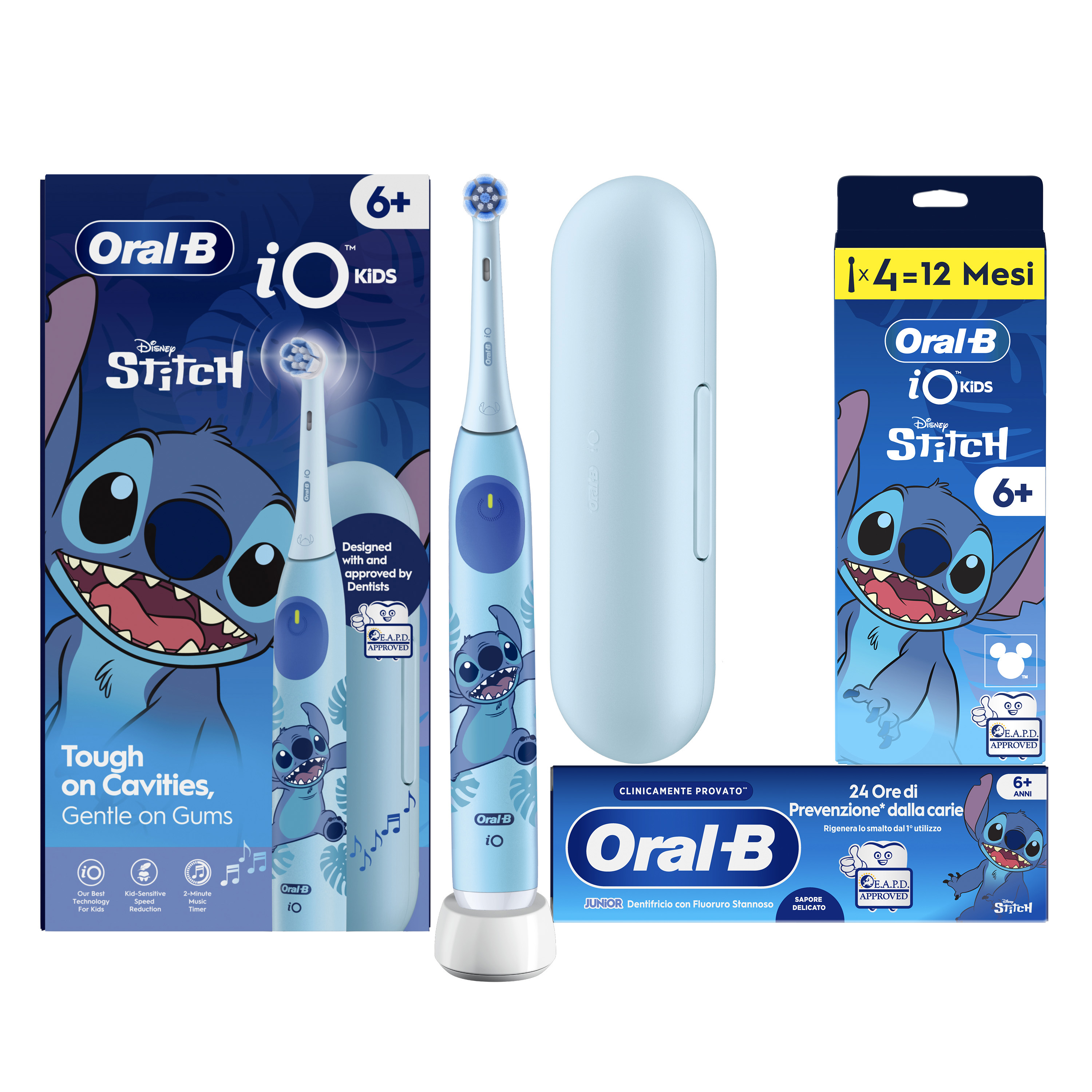 Oral-B Spazzolino Elettrico iO Kids Stitch Disney, 1 Testina, 1 Custodia Da Viaggio + Dentifricio Oral-B Stitch (6-12 anni) + 4 Testine di Ricambio iO