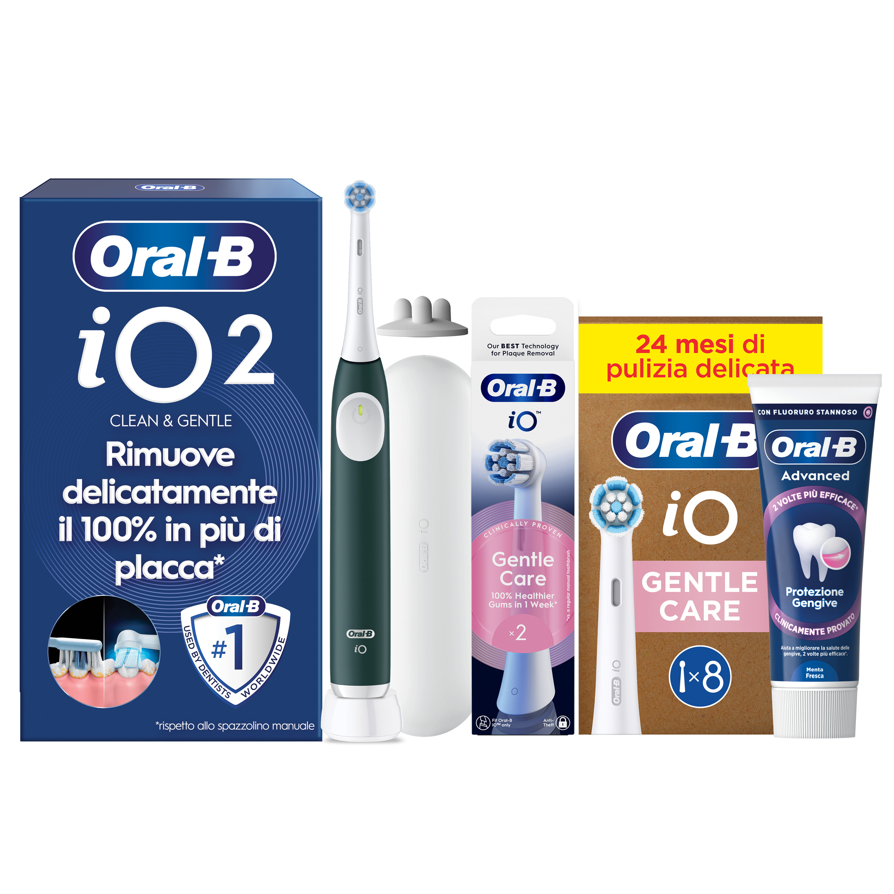Oral-B Verde/Bianche Io 2 1 Testina, 1 Custodia Da Viaggio + 6 Testine Di Ricambio Io Ultimate Clean + Dentifricio Advanced Protezione Sensibilità - Immagine 22