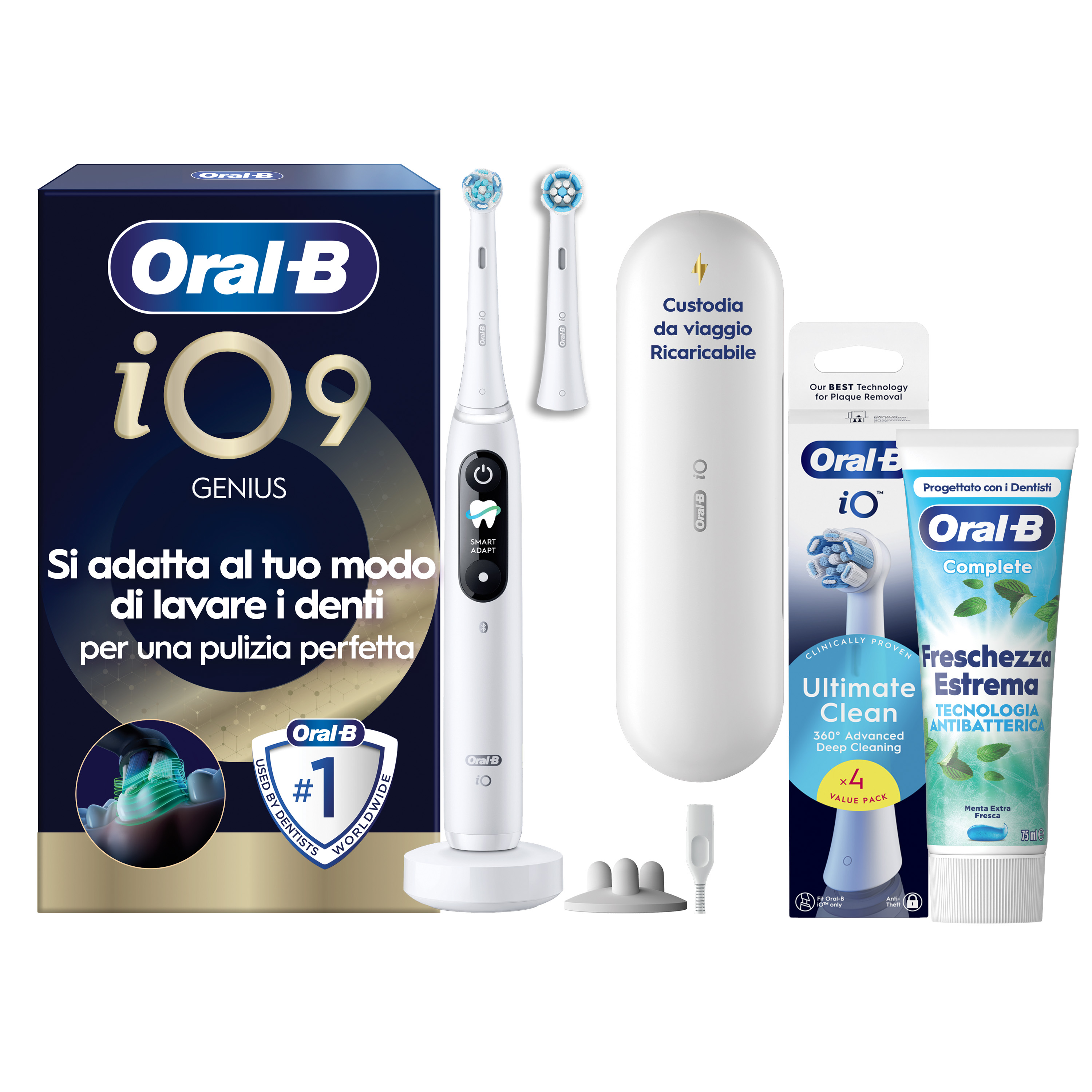 Oral-B Bianco/Bianche Io 9 2 Testine, 1 Custodia Da Viaggio Ricaricabile + 4 Testine Di Ricambio Io Ultimate Clean + Dentifricio Complete Protezione E Pulizia - Immagine 13