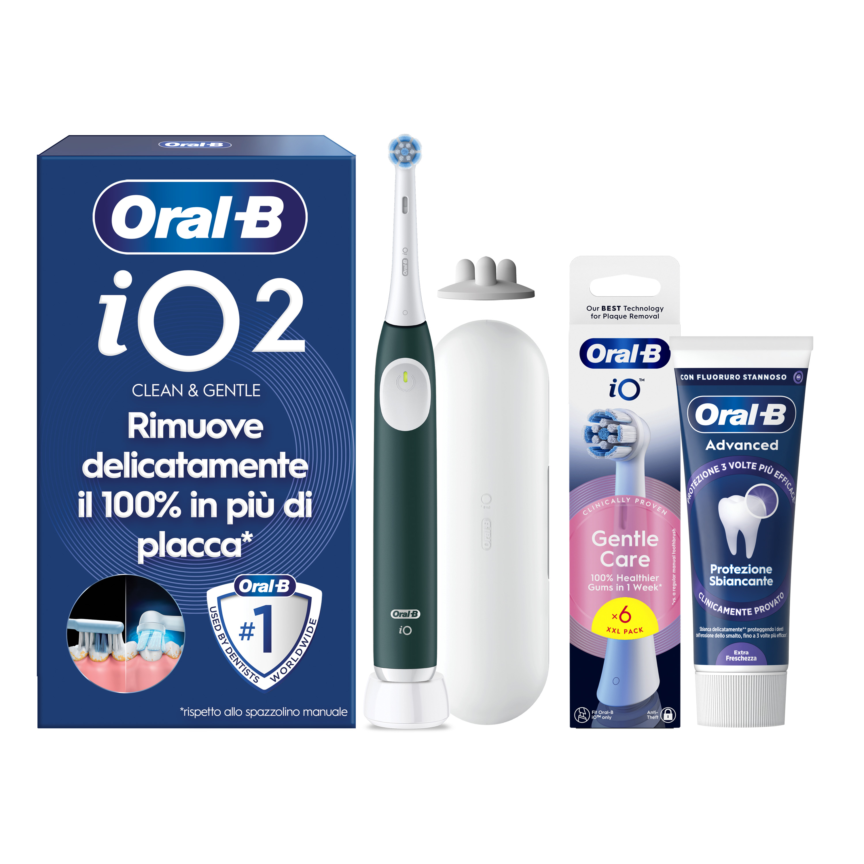 Oral-B Verde/Bianche Io 2 1 Testina, 1 Custodia Da Viaggio + 6 Testine Di Ricambio Io Ultimate Clean + Dentifricio Advanced Protezione Sensibilità - Immagine 45
