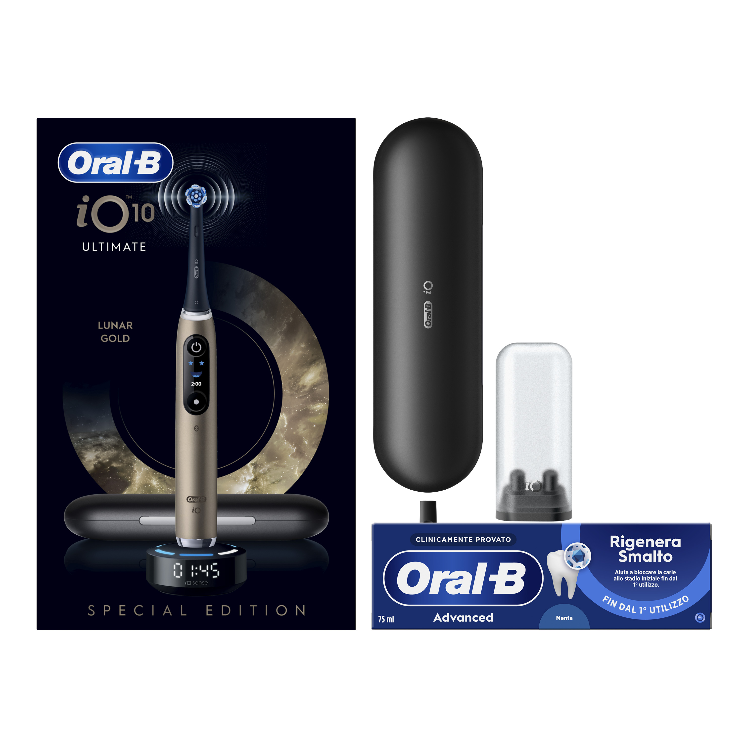 Oral-B Spazzolino Elettrico iO 10 Gold Special Edition, 1 Testina, 1 Custodia Da Viaggio + Dentifricio Advanced Rigenera Smalto