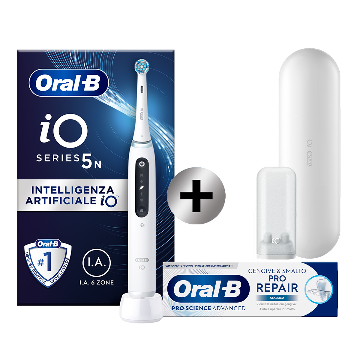 Oral-B Spazzolino Elettrico iO 5N Bianco, 1 Testina, 1 Custodia Da Viaggio + Oral-B Dentifricio Pro-Science Advanced Pro-Repair Gengive & Smalto (Classico)