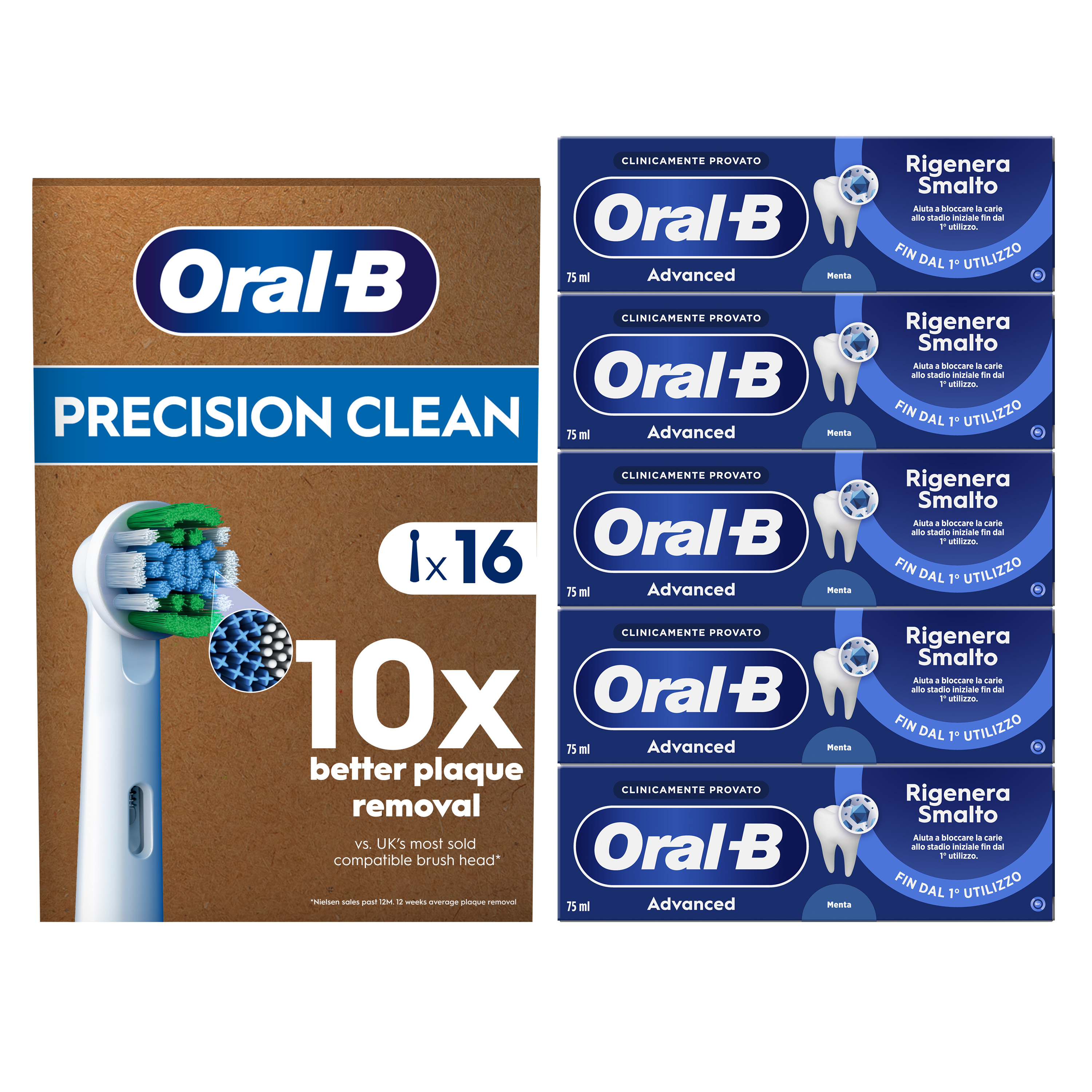 Oral-B 16 Testine Di Ricambio Precision Clean Bianche + 5 Dentifrici Advanced Rigenera Smalto