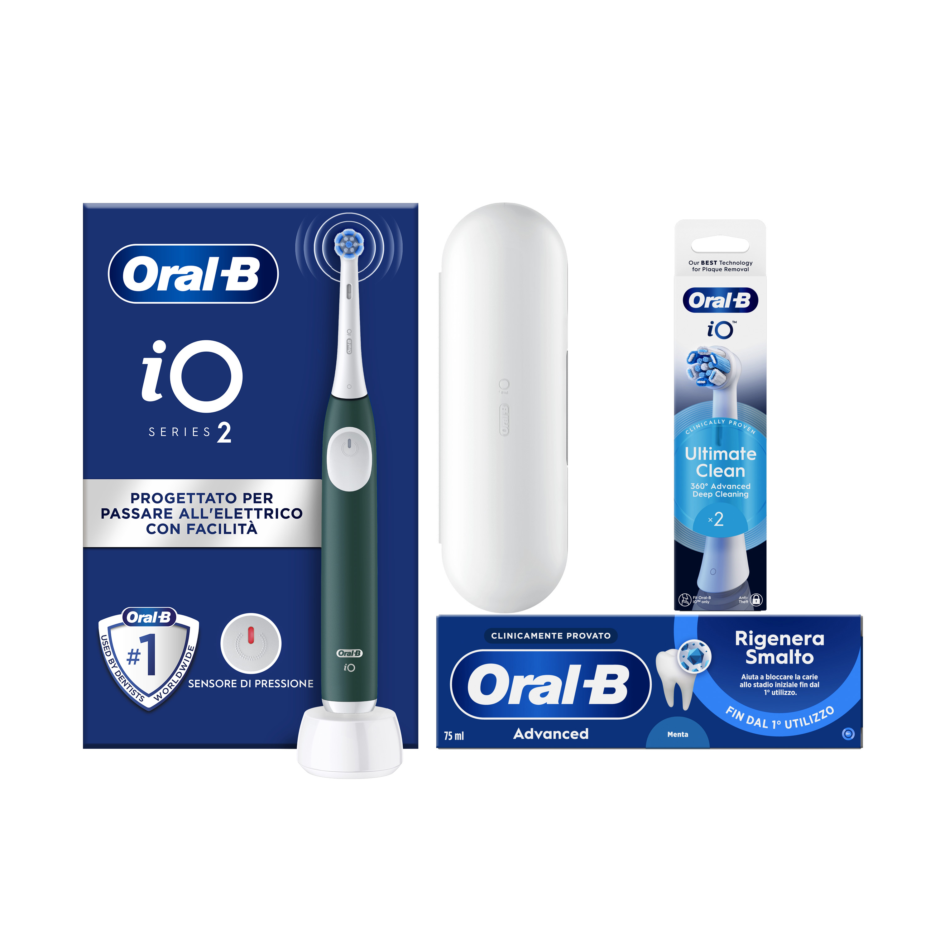 Oral-B Verde/Bianche Io 2 1 Testina, 1 Custodia Da Viaggio + 6 Testine Di Ricambio Io Ultimate Clean + Dentifricio Advanced Protezione Sensibilità - Immagine 35
