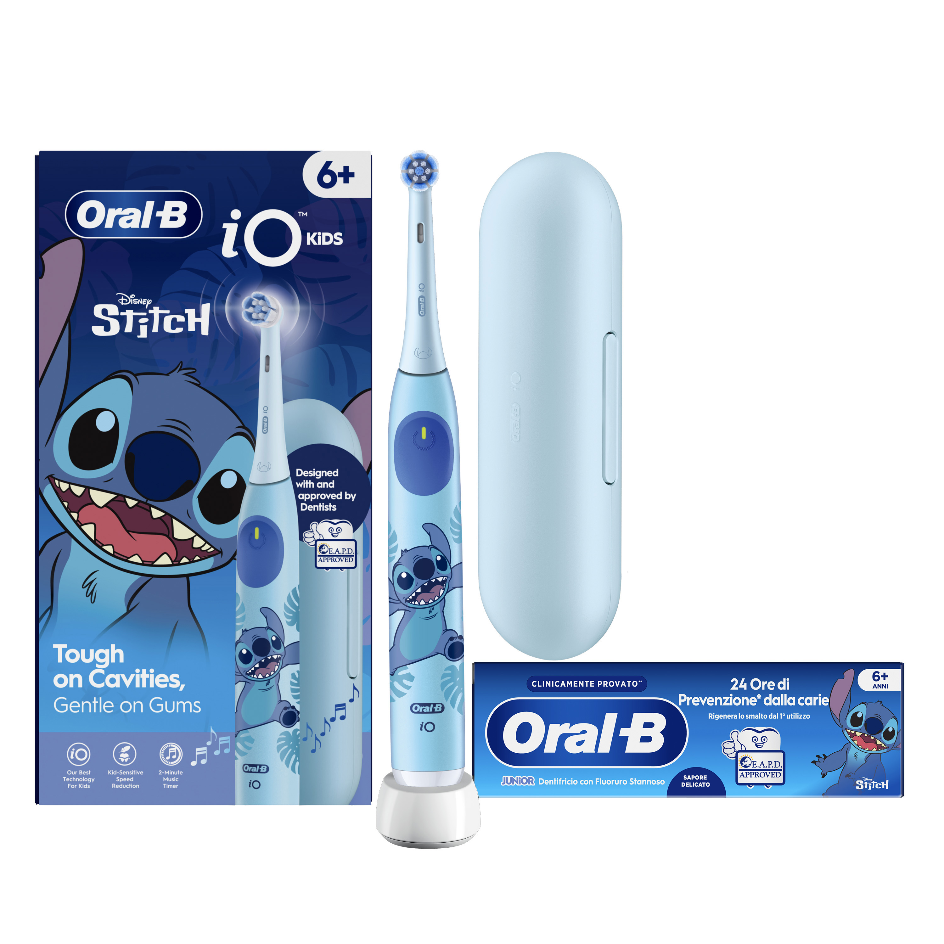 Oral-B Spazzolino Elettrico iO Kids Stitch Disney, 1 Testina, 1 Custodia Da Viaggio + Dentifricio Oral-B Stitch (6-12 anni)