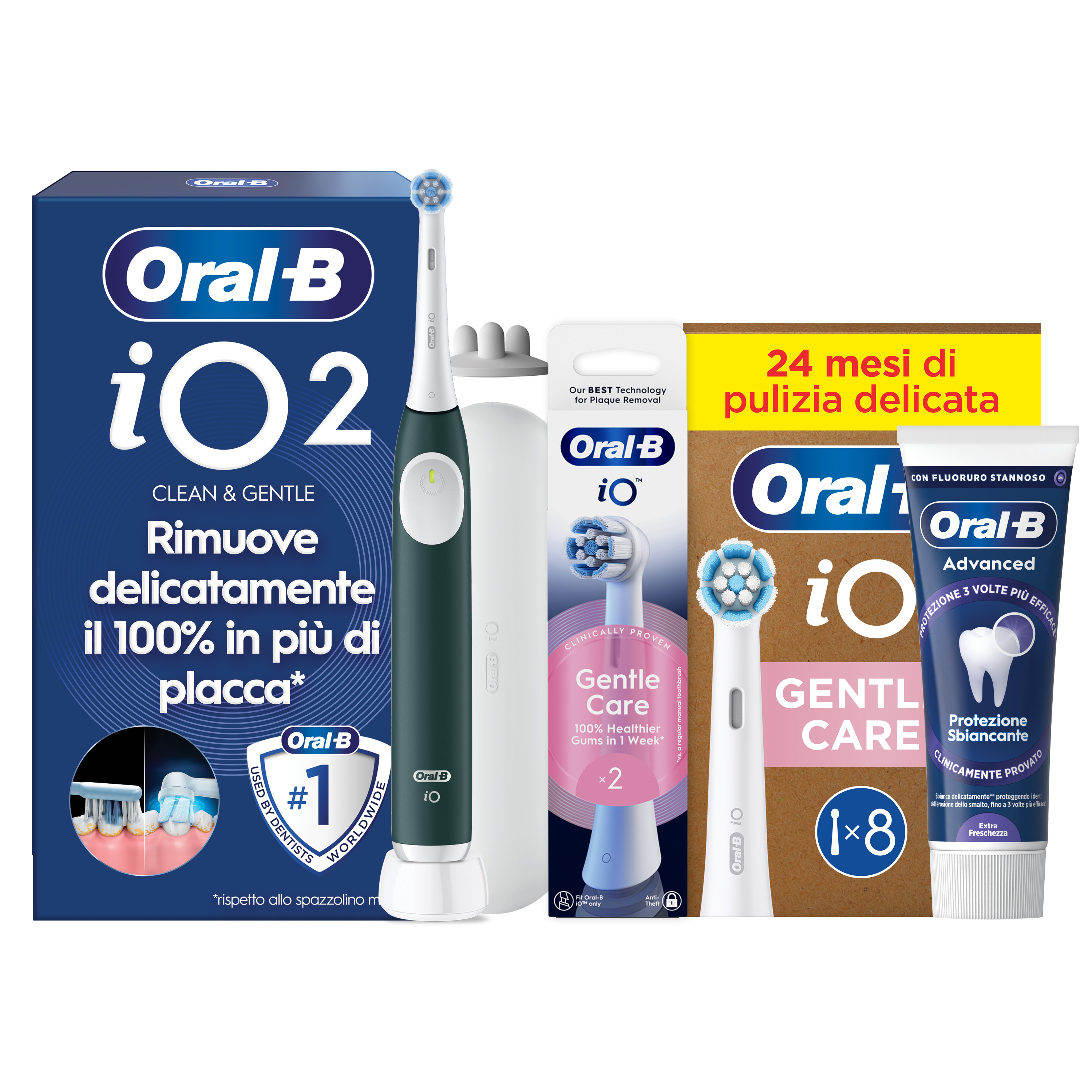 Oral-B Verde/Bianche Io 2 1 Testina, 1 Custodia Da Viaggio + 6 Testine Di Ricambio Io Ultimate Clean + Dentifricio Advanced Protezione Sensibilità - Immagine 49