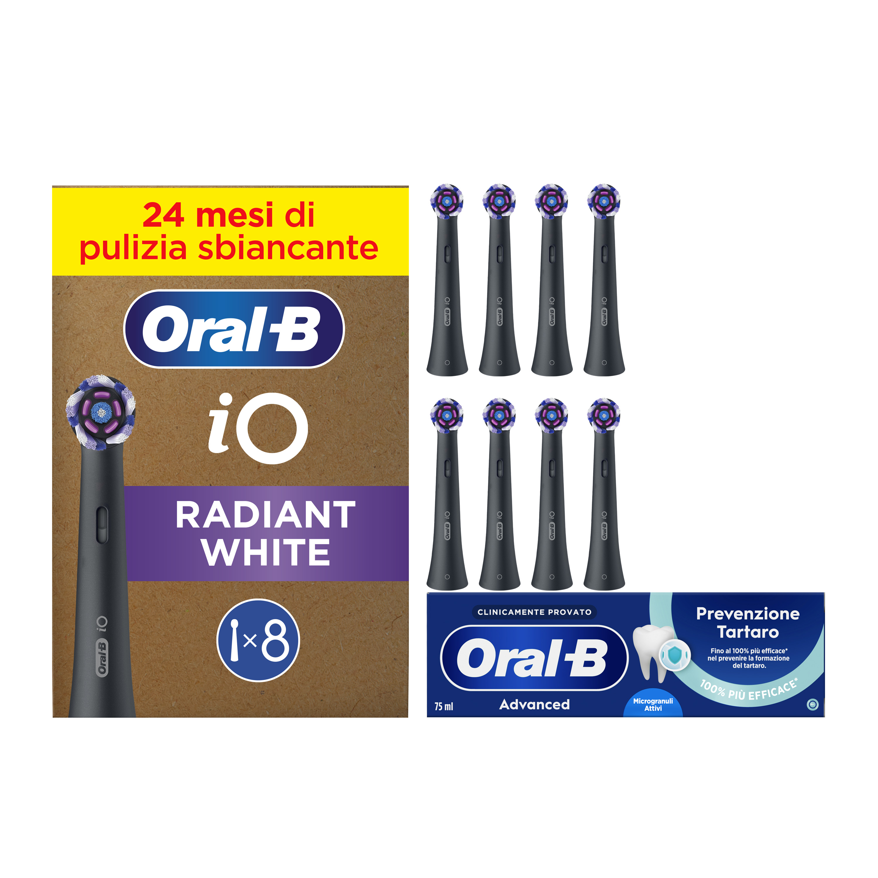 Oral-B Testine di Ricambio iO Radiant White Nere, Confezione da 8 Testine + Dentifricio Advanced Prevenzione Tartaro