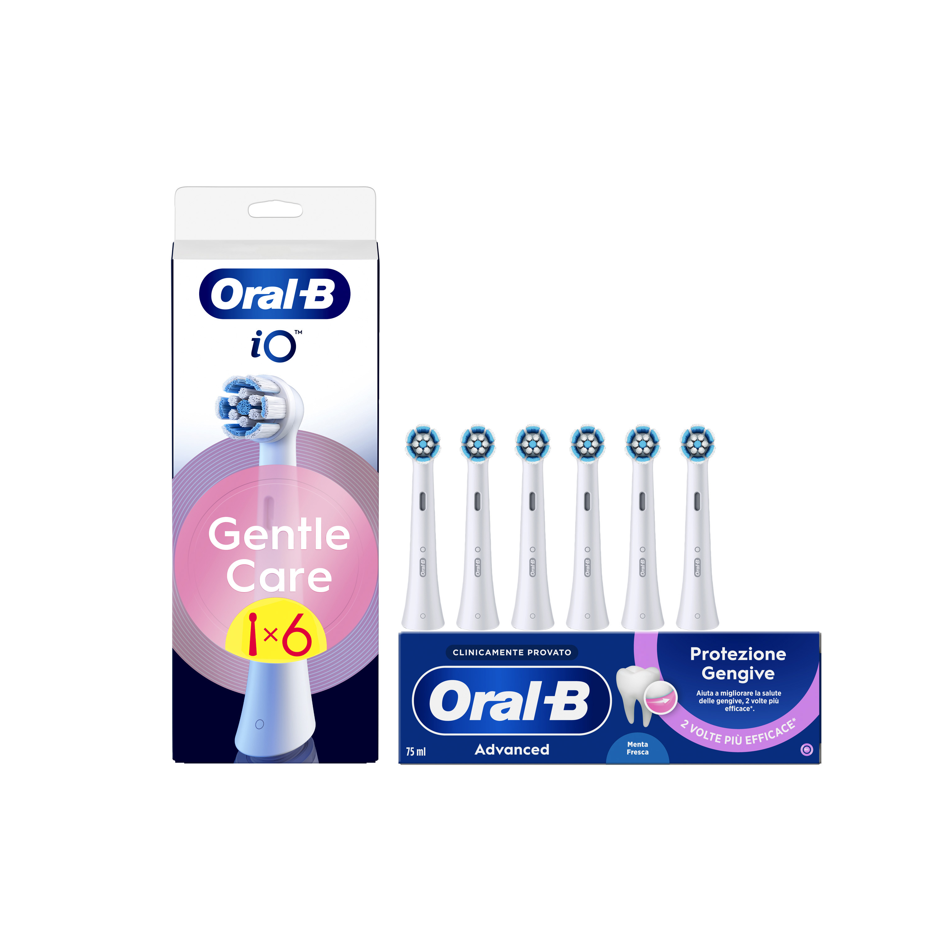 Oral-B Testine di Ricambio iO Gentle Care Bianche, Confezione da 6 Testine + Dentifricio Advanced Protezione Gengive