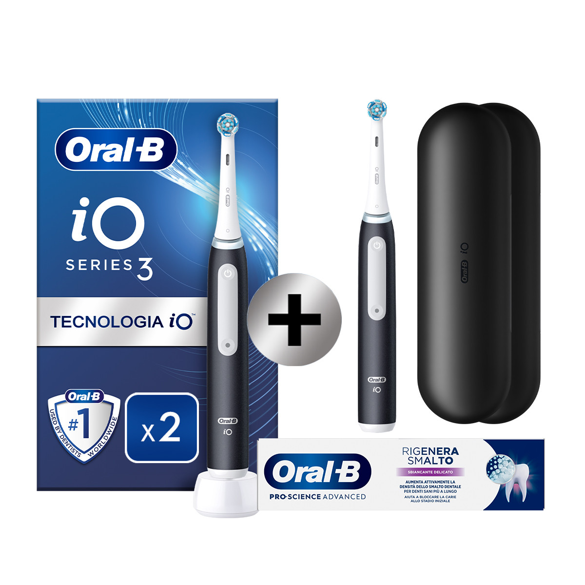 Oral-B Spazzolino Elettrico Duo Pack iO 3 Nero, 2 Testine, 2 Custodie Da Viaggio+ Oral-B Dentifricio Pro-Science Advanced Rigenera Smalto Sbiancante Delicato