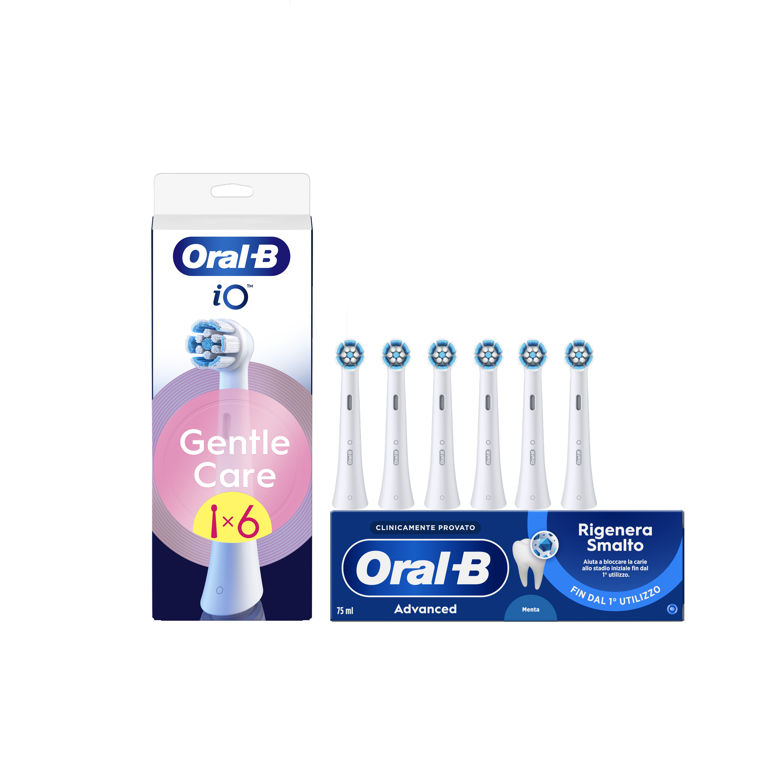 Oral-B Testine di Ricambio iO Gentle Care Bianche, Confezione da 6 Testine + Dentifricio Advanced Rigenera Smalto