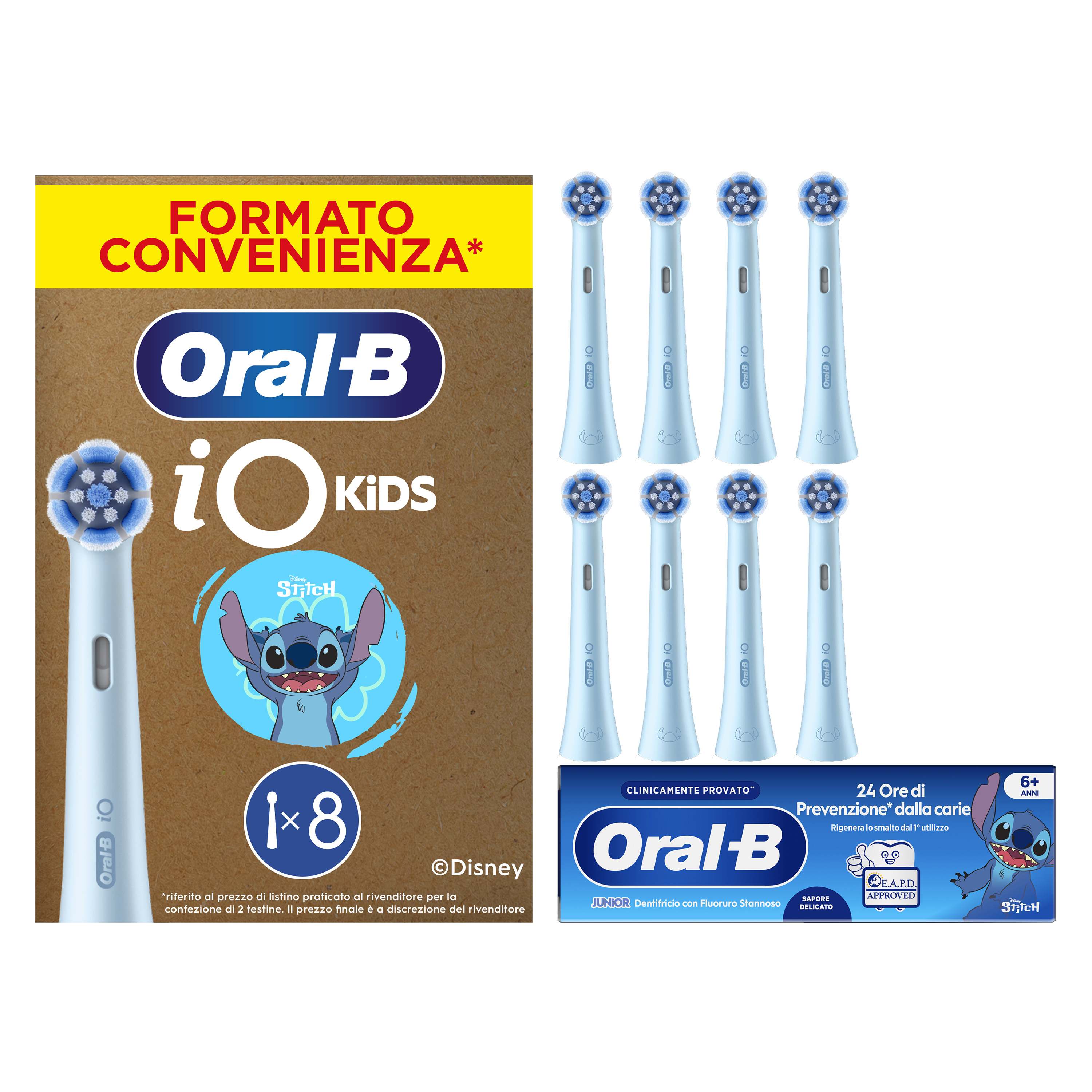 Oral-B Testine Di Ricambio iO Kids Stitch Disney, confezione da 8 Testine + Dentifricio Oral-B Stitch (6-12 anni)