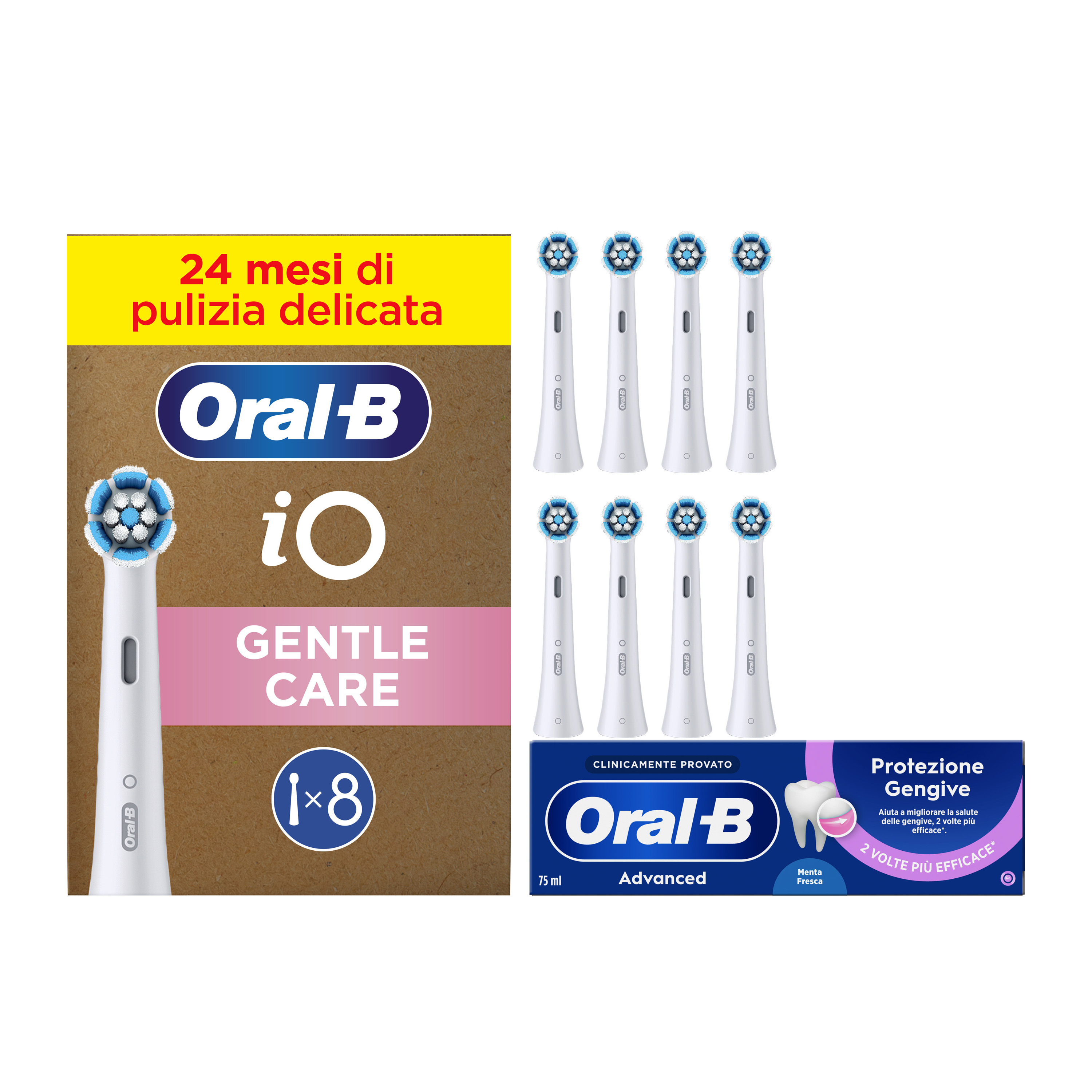 Oral-B Testine di Ricambio iO Gentle Care Bianche, Confezione da 8 Testine + Dentifricio Advanced Protezione Gengive