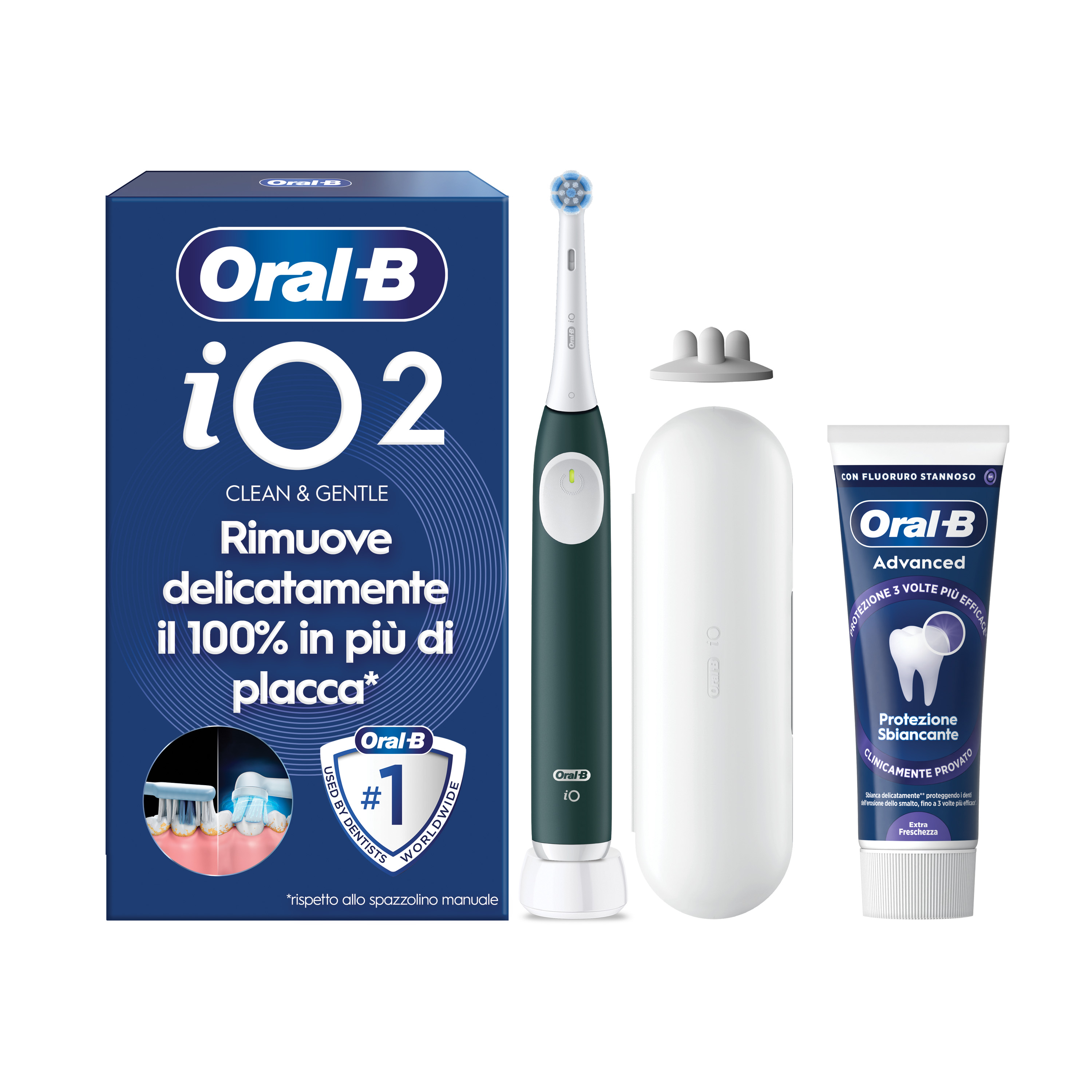 Oral-B Verde/Bianche Io 2 1 Testina, 1 Custodia Da Viaggio + 6 Testine Di Ricambio Io Ultimate Clean + Dentifricio Advanced Protezione Sensibilità - Immagine 25