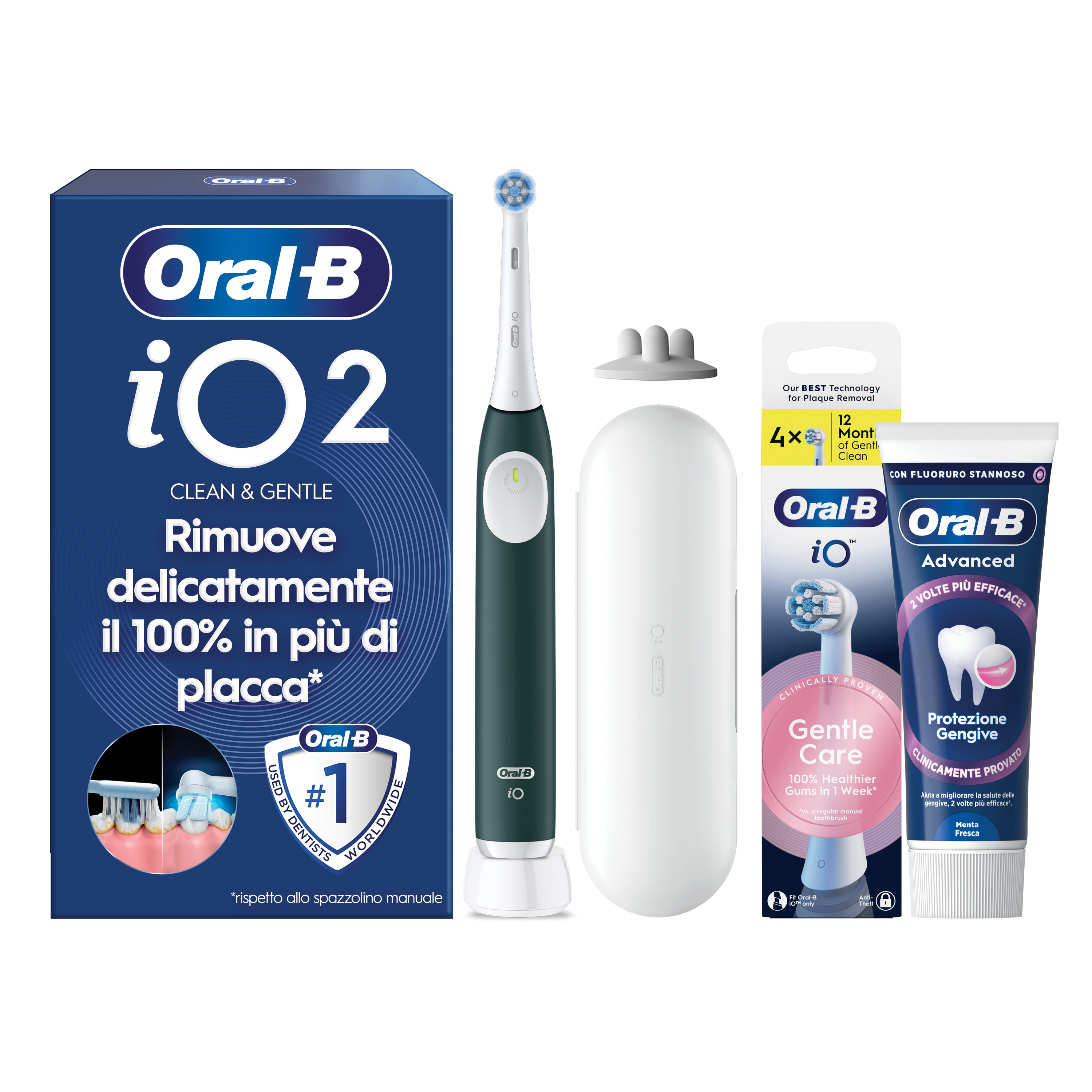 Oral-B Verde/Bianche Io 2 1 Testina, 1 Custodia Da Viaggio + 6 Testine Di Ricambio Io Ultimate Clean + Dentifricio Advanced Protezione Sensibilità - Immagine 16