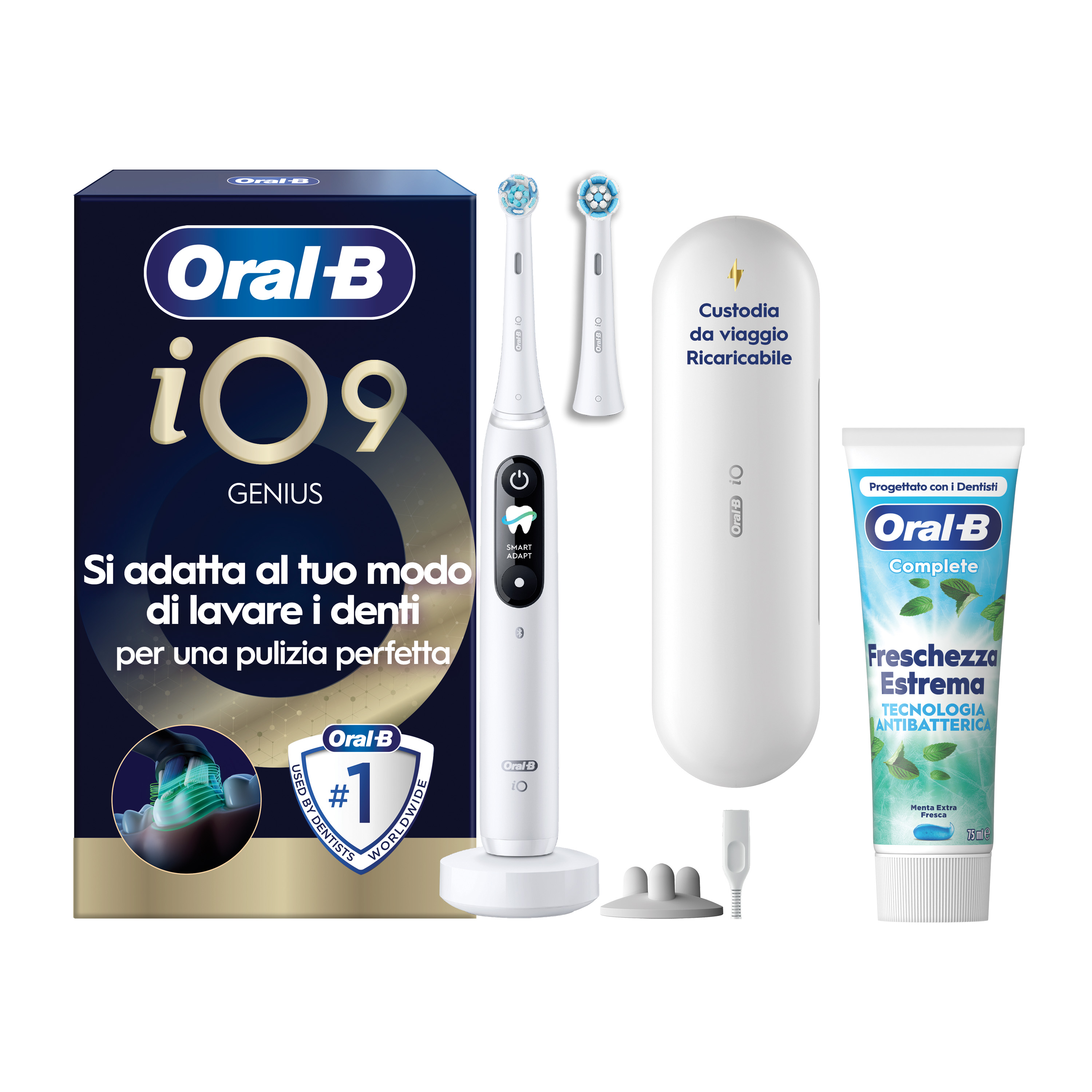 Oral-B Bianco/Bianche Io 9 2 Testine, 1 Custodia Da Viaggio Ricaricabile + 4 Testine Di Ricambio Io Ultimate Clean + Dentifricio Complete Protezione E Pulizia - Immagine 10