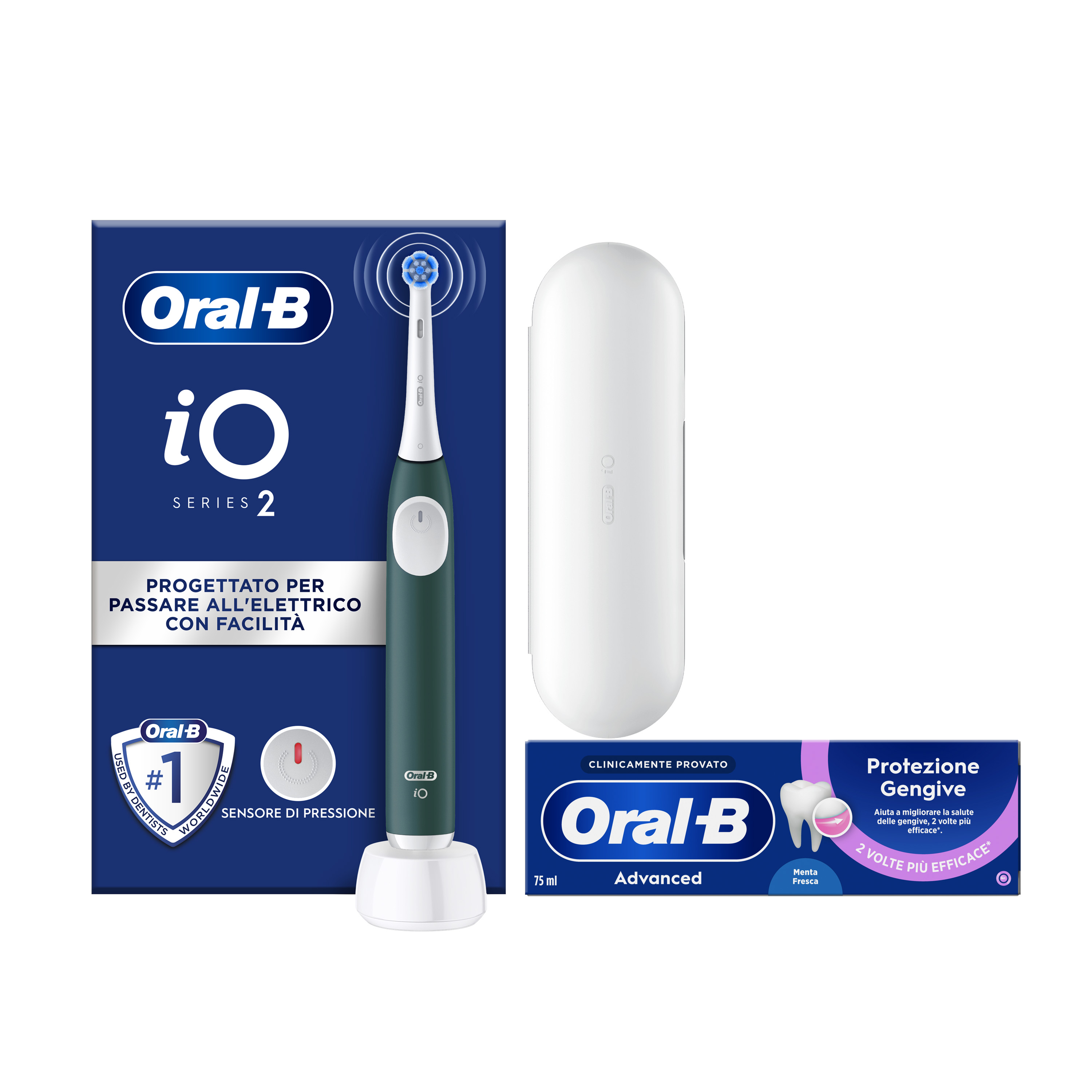 Oral-B Verde/Bianche Io 2 1 Testina, 1 Custodia Da Viaggio + 6 Testine Di Ricambio Io Ultimate Clean + Dentifricio Advanced Protezione Sensibilità - Immagine 27