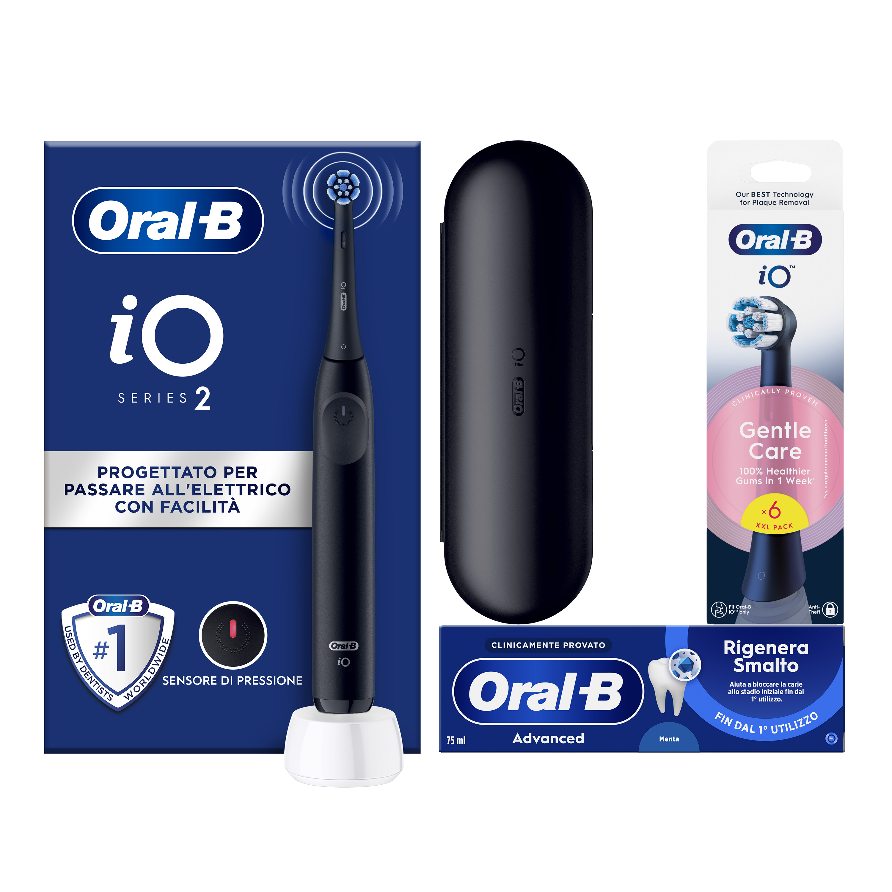 Oral-B Spazzolino Elettrico iO 2 Nero, 1 Testina + 6 di Ricambio, 1 Custodia Da Viaggio + Dentifricio Advanced Rigenera Smalto