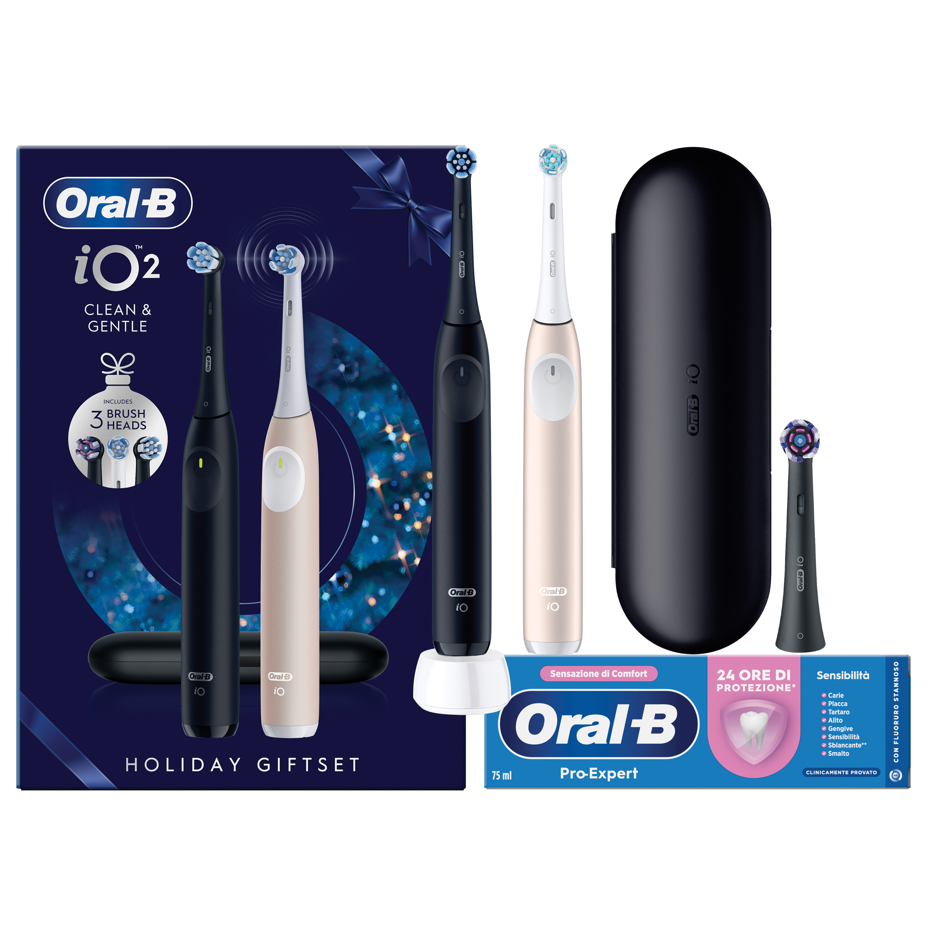 Oral-B Spazzolino Elettrico Duo Pack iO 2 Nero e Rosa Giftpack Special Edition, 3 Testine, 1 Custodia Da Viaggio + Dentifricio Pro-Expert Sensibilità