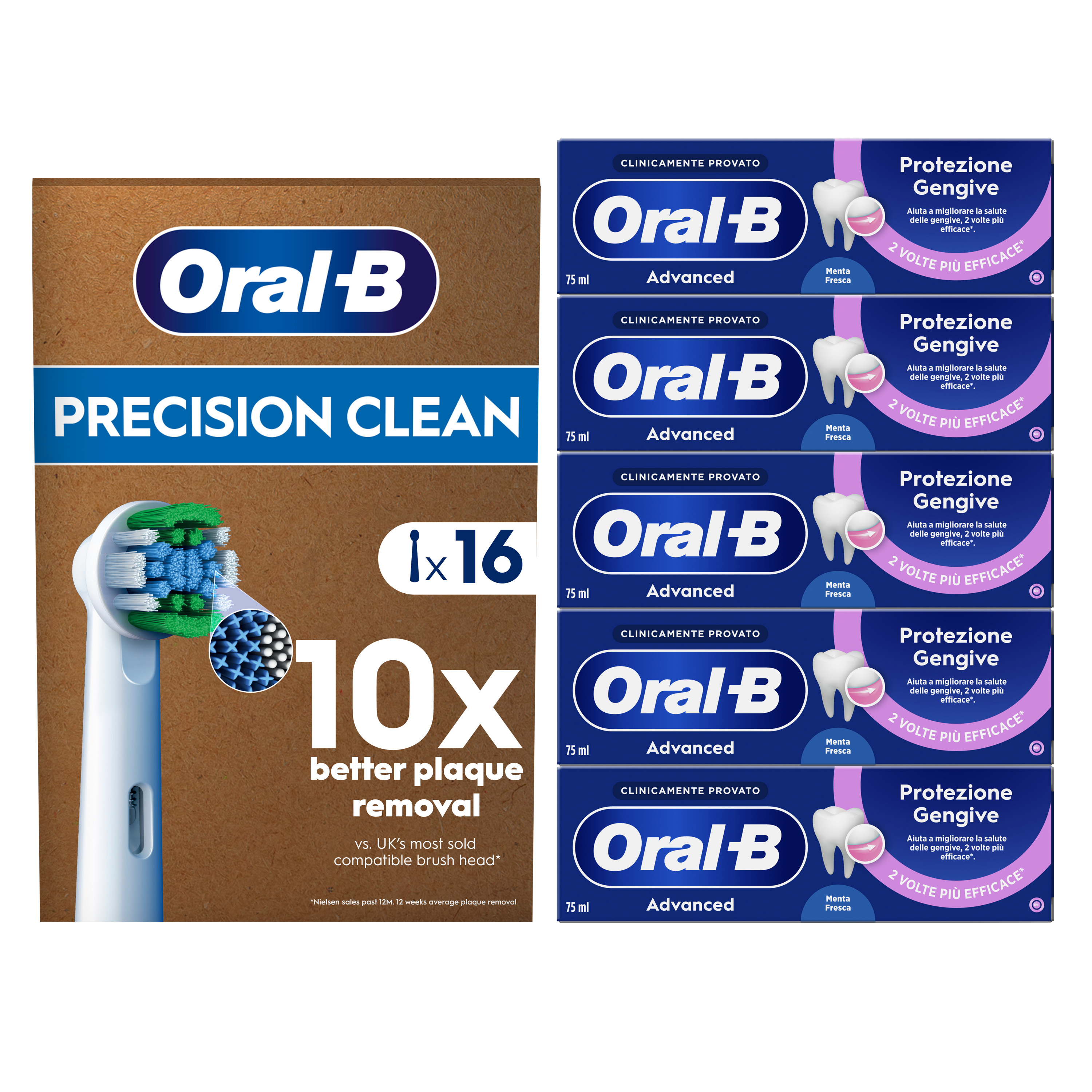 Oral-B 16 Testine Di Ricambio Precision Clean Bianche + 5 Dentifrici Advanced Protezione Gengive