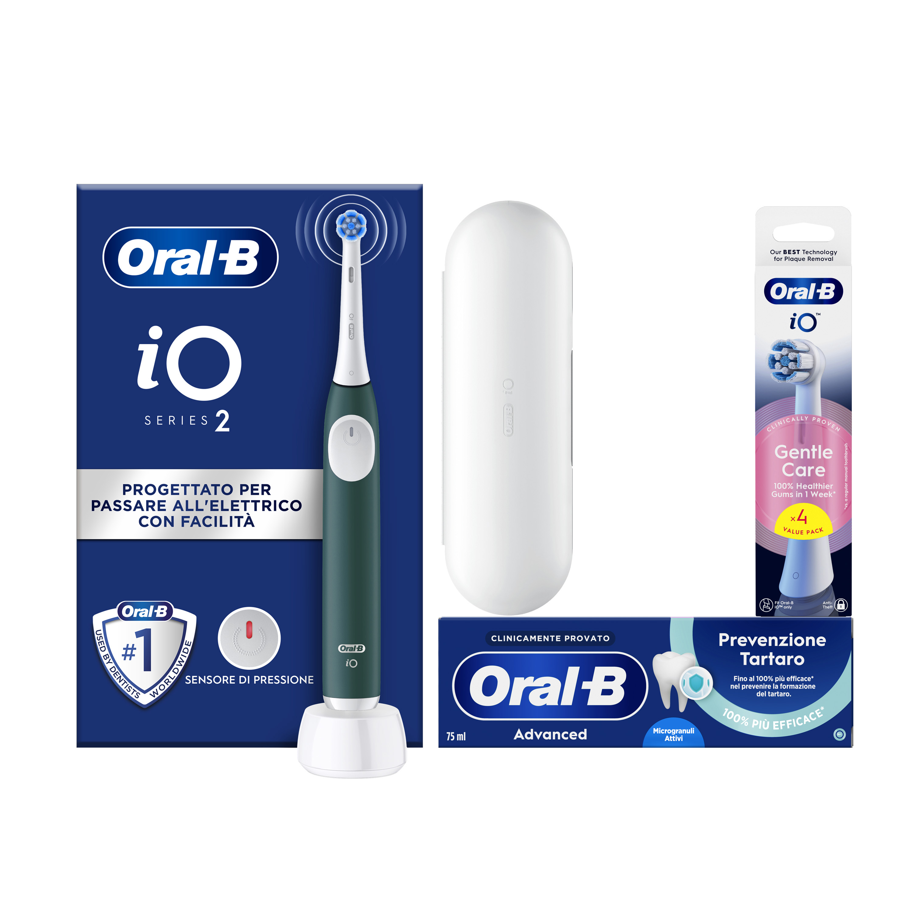 Oral-B Verde/Bianche Io 2 1 Testina, 1 Custodia Da Viaggio + 6 Testine Di Ricambio Io Ultimate Clean + Dentifricio Advanced Protezione Sensibilità - Immagine 38