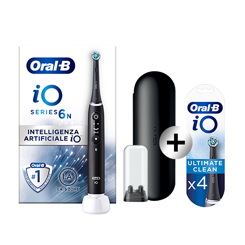 Oral-B Spazzolino Elettrico iO6 Nero + Oral-B Testine Nere iO Ultimate Clean, Confezione da 4 Pezzi