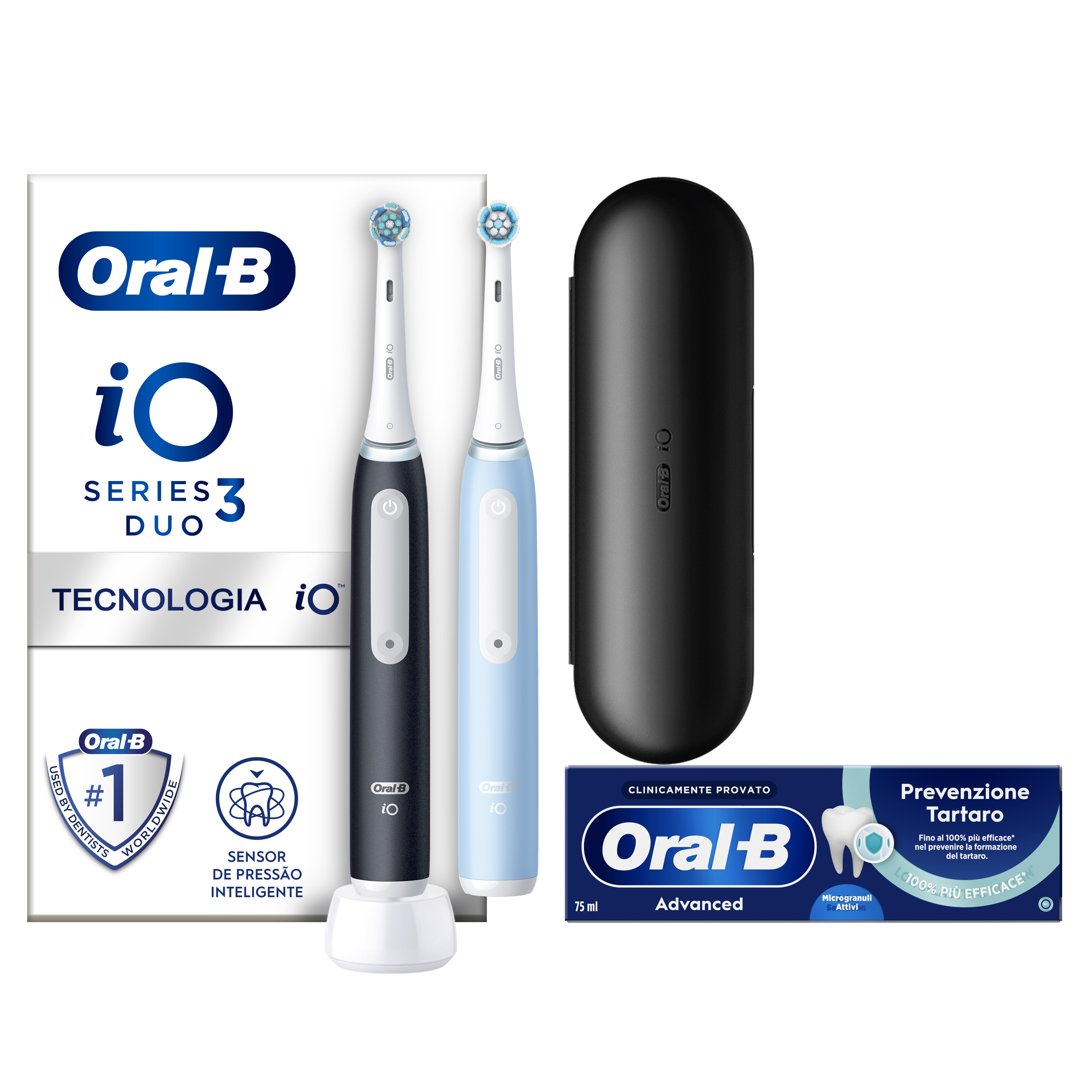 Oral-B Nero/Azzurro/Nere Io 3 Duo E 2 Testine, 1 Custodia Da Viaggio + 6 Testine Di Ricambio Io Ultimate Clean E Bianche + Dentifricio Advanced Prevenzione Tartaro - Immagine 11
