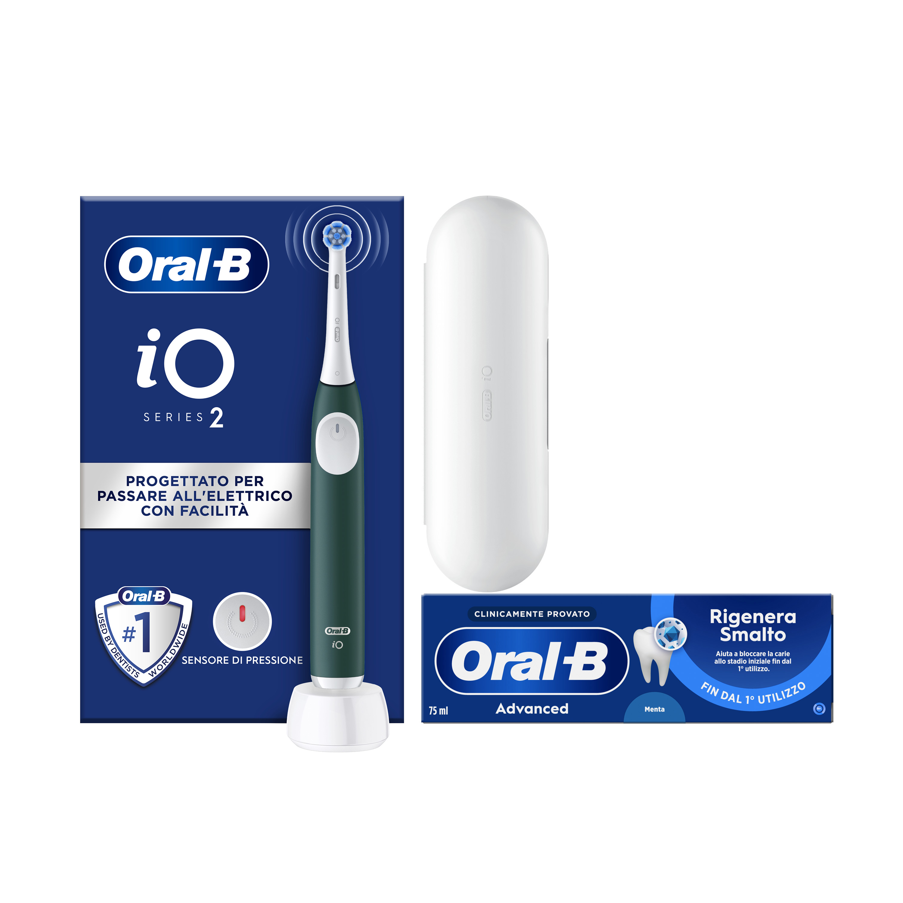 Oral-B Spazzolino Elettrico iO 2 Verde, 1 Testina, 1 Custodia Da Viaggio + Dentifricio Advanced Rigenera Smalto