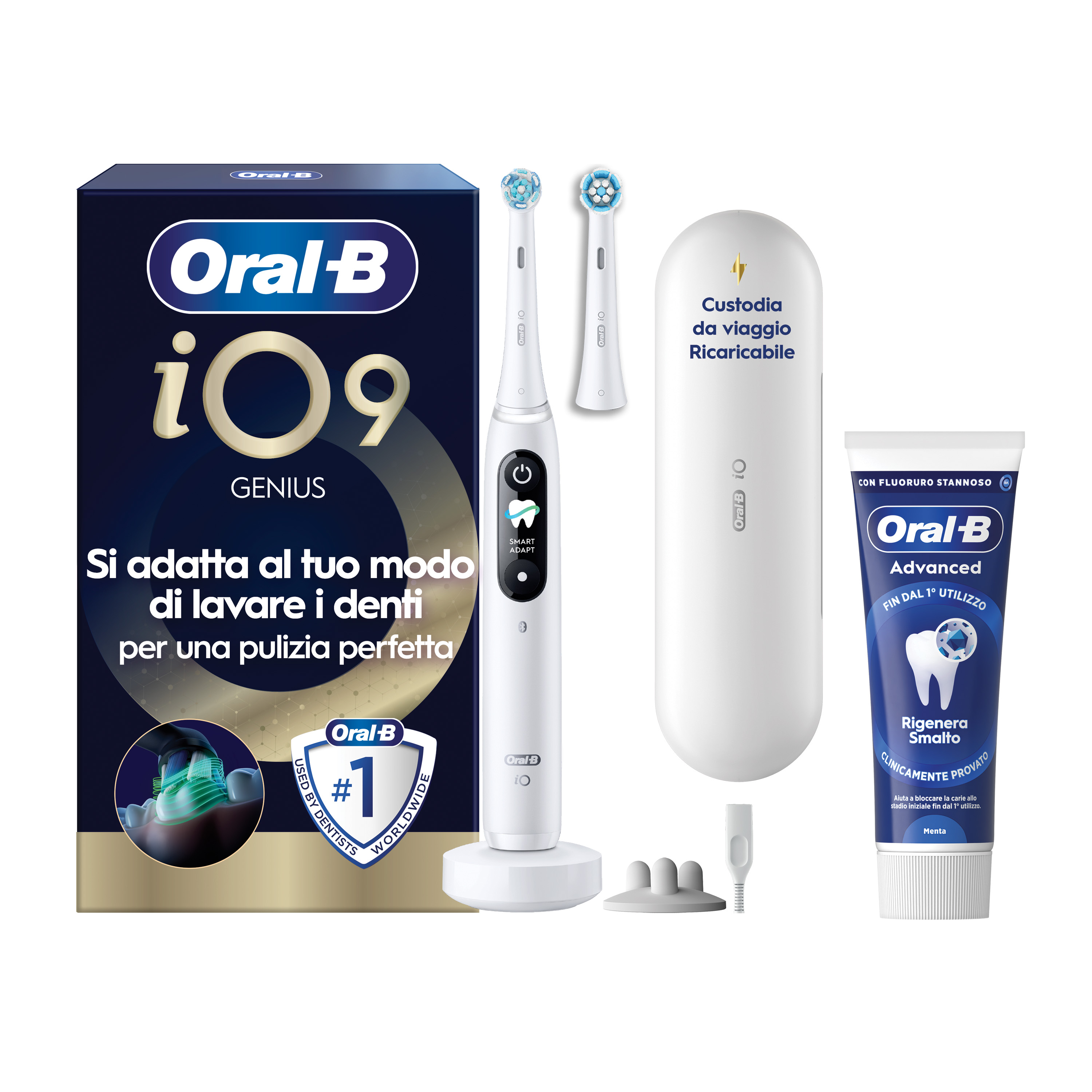 Oral-B Bianco/Bianche Io 9 2 Testine, 1 Custodia Da Viaggio Ricaricabile + 4 Testine Di Ricambio Io Ultimate Clean + Dentifricio Complete Protezione E Pulizia - Immagine 8