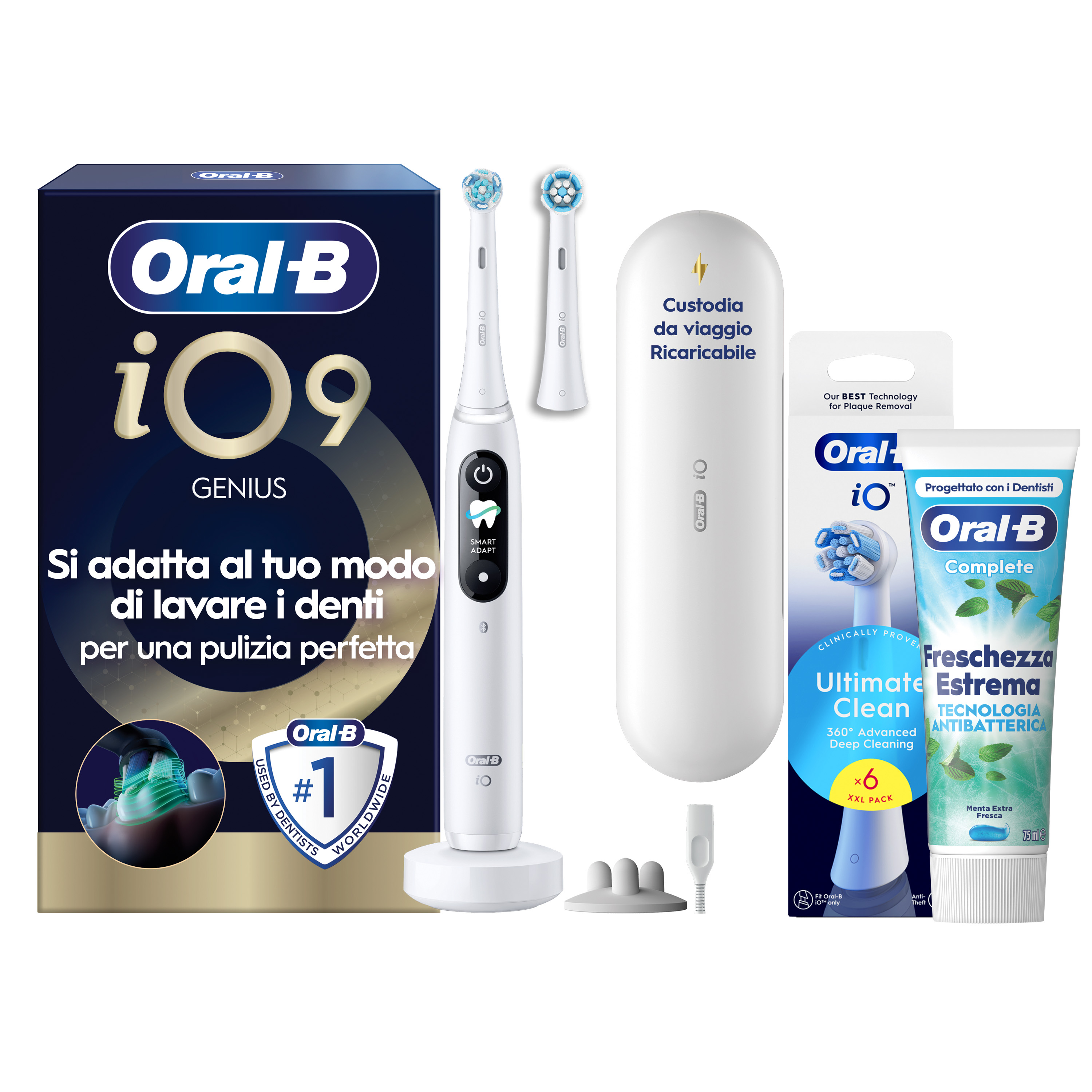 Oral-B Bianco/Bianche Io 9 2 Testine, 1 Custodia Da Viaggio Ricaricabile + 4 Testine Di Ricambio Io Ultimate Clean + Dentifricio Complete Protezione E Pulizia - Immagine 14