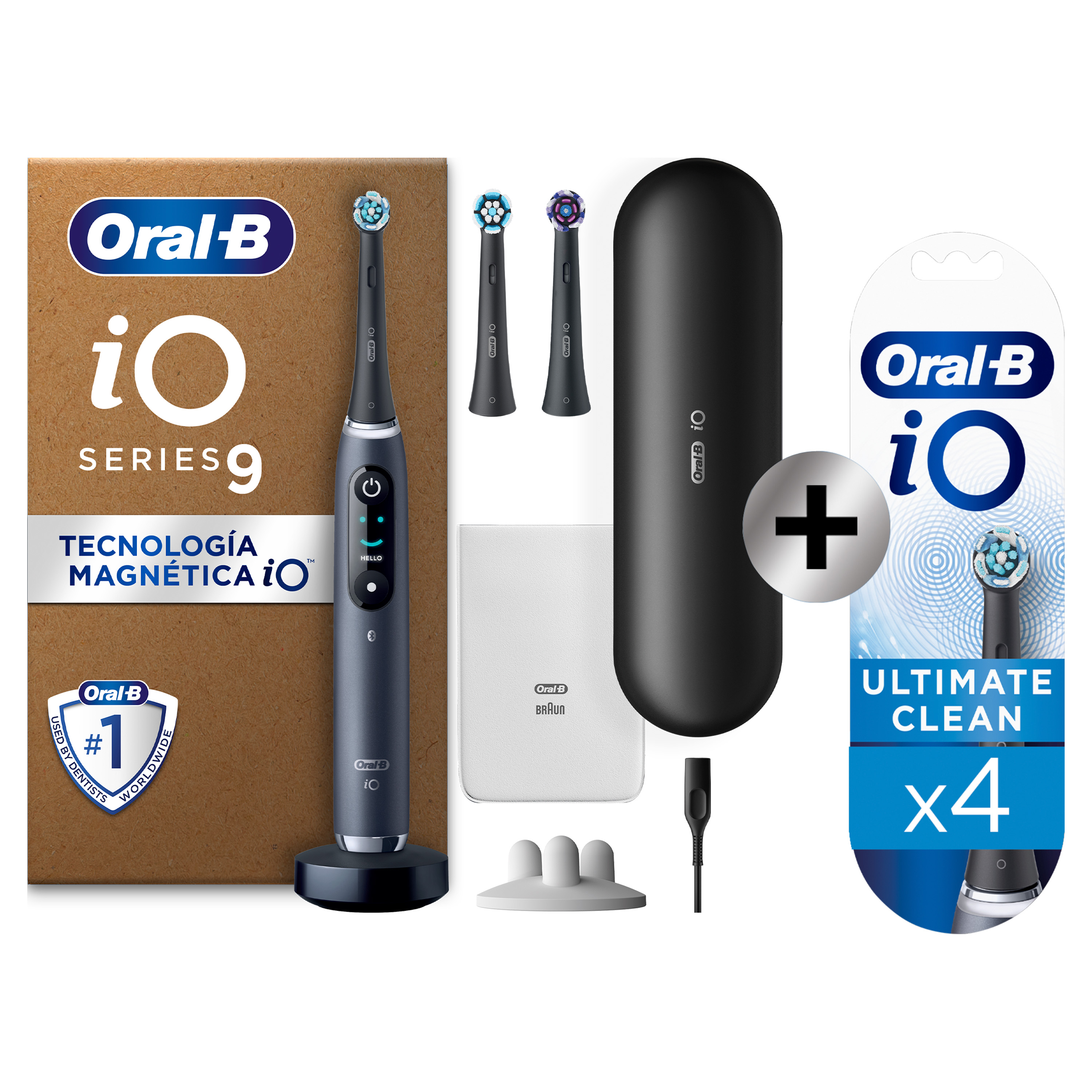 Oral-B iO 9 Pack de Cepillo Eléctrico Negro con 3+4 Recambios y cargador de viaje negro