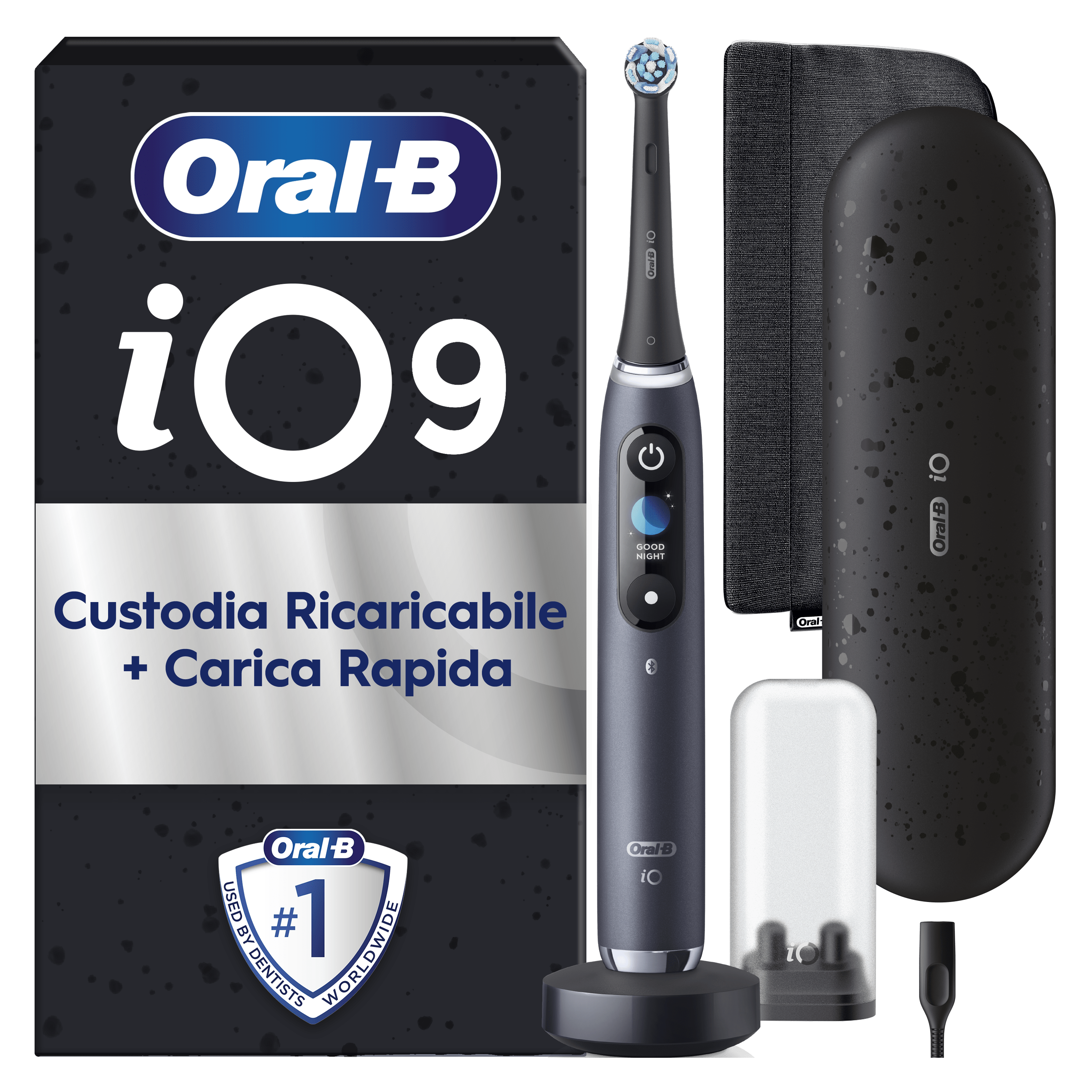 Oral-B iO 9 Cepillo de Dientes Eléctrico Negro Edición Especial, con 1 Cabezal, 1 Estuche Cargador de Viaje y 1 Funda Magnética, Diseñado por Braun